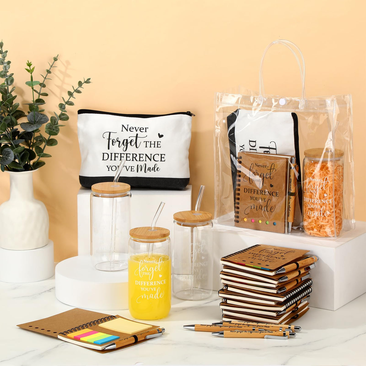 Yeyeplum 60 Pcs Employee Appreciation Gifts Bulk Inspirational Glass Cup Makeup Bag Bamboo Pen Motivational Notebook and Bag for Volunteer Lab Week Teachers Nurses Office Staff (Never Forget)