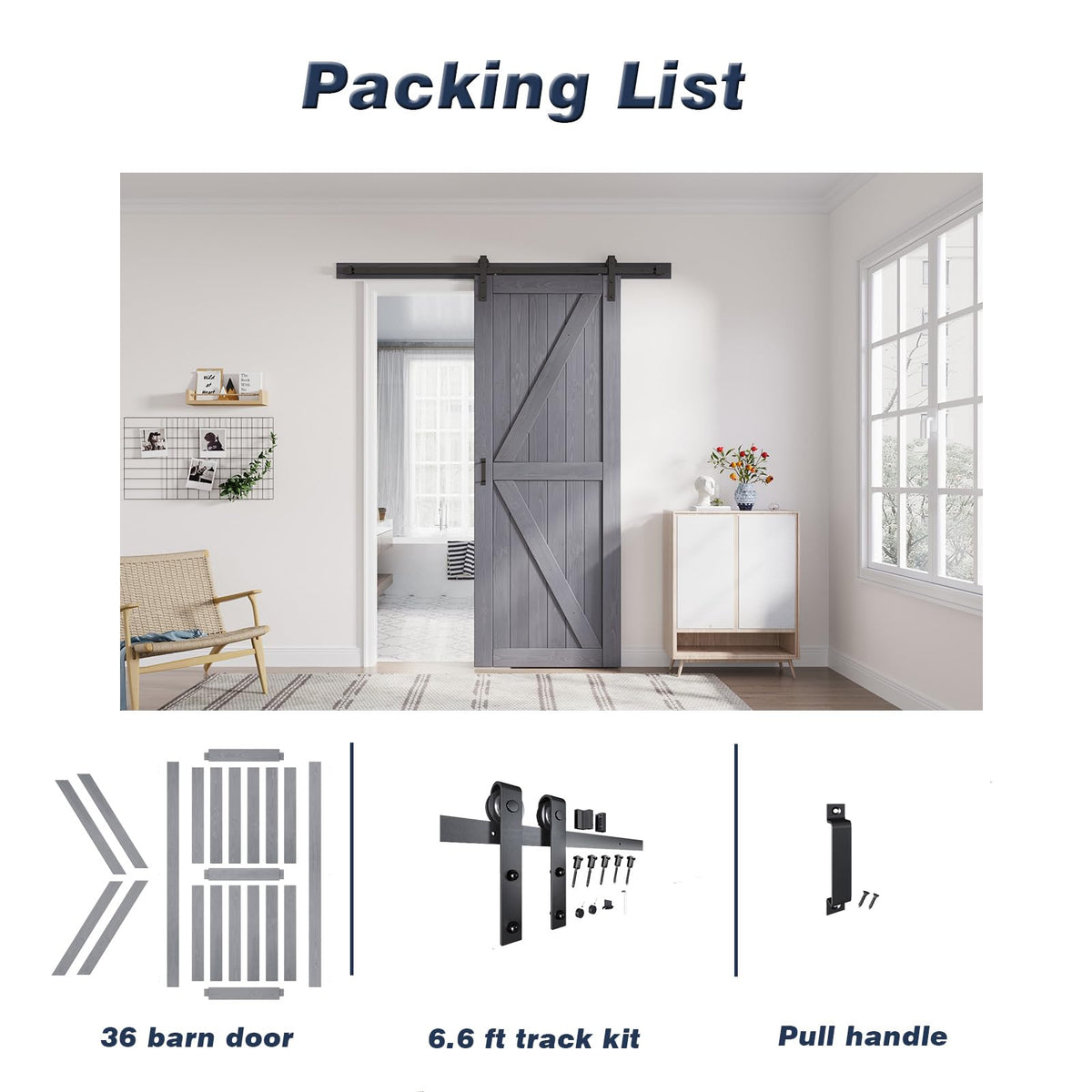 FREDBECK 36in x 96in Gray Wood Barn Door Slab with 6.6ft (79inch) Barn Door Hardware Track Kit Included, Double Surfaces,Simple Assembly is Required,K-Frame,Grey