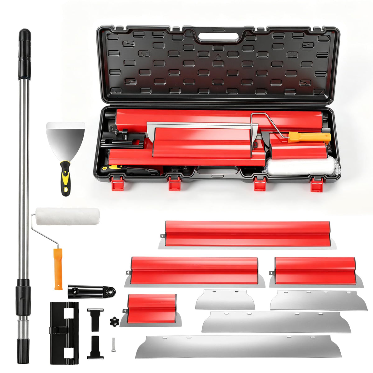 Drywall Skimming Blade Set with 32" - 51" Extension Handle 9inch Compound Rollers 10in/16in/24in/32in Stainless Steel Skimming Blades for Wall Surface Smoothing Drywall Plaster Wallboard