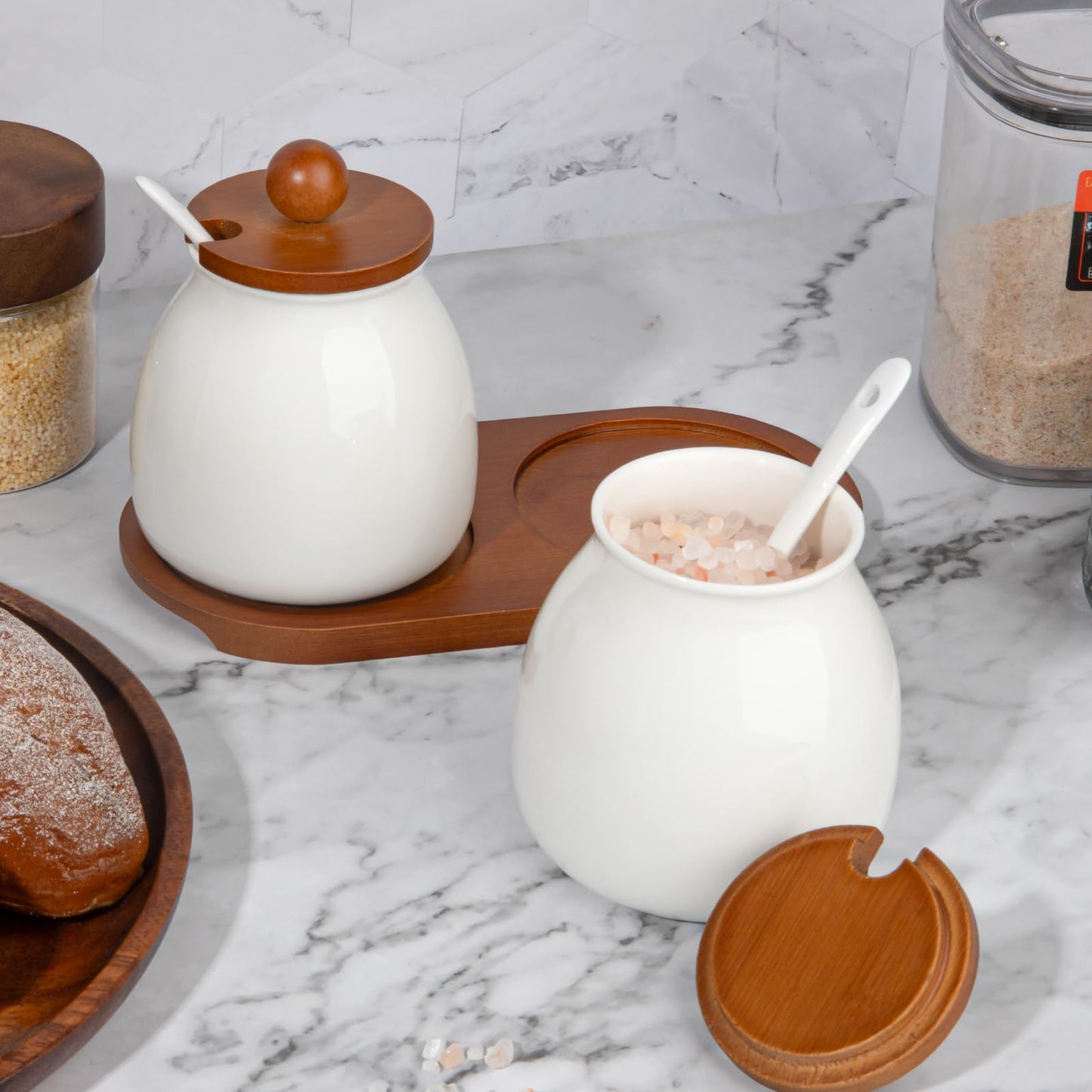 Sailench Ceramic Sugar Bowl Set of 2, Sugar Bowl with Lid and Spoon,Sugar Jar Container Set for Coffee Bar Kitchen Home (2, White)