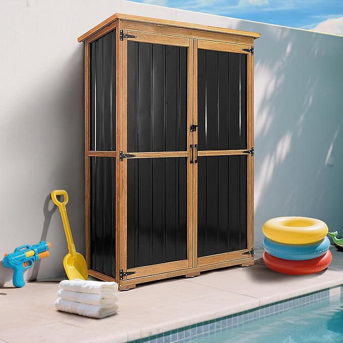 PetsCosset 46" L Large Outdoor Storage Cabinet with Shelves, Wood & Metal Storage Shed Weather-Resistant, Outside Storage Cabinet for Garage Patio Backyard Garden with Waterproof Roof