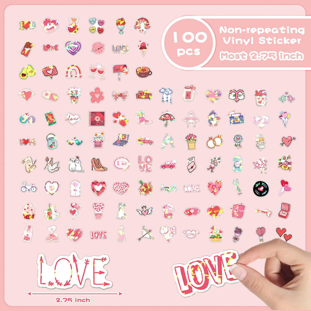 Valentines Stickers, Love Stickers, 100 PCS Holographic Valentine's Day Sticker, Pink Heart Decal Bulk, Waterproof Vinyl Sticker for Waterbottle, Scrapbooking, Envelope Card Mailbox Classroom Gift
