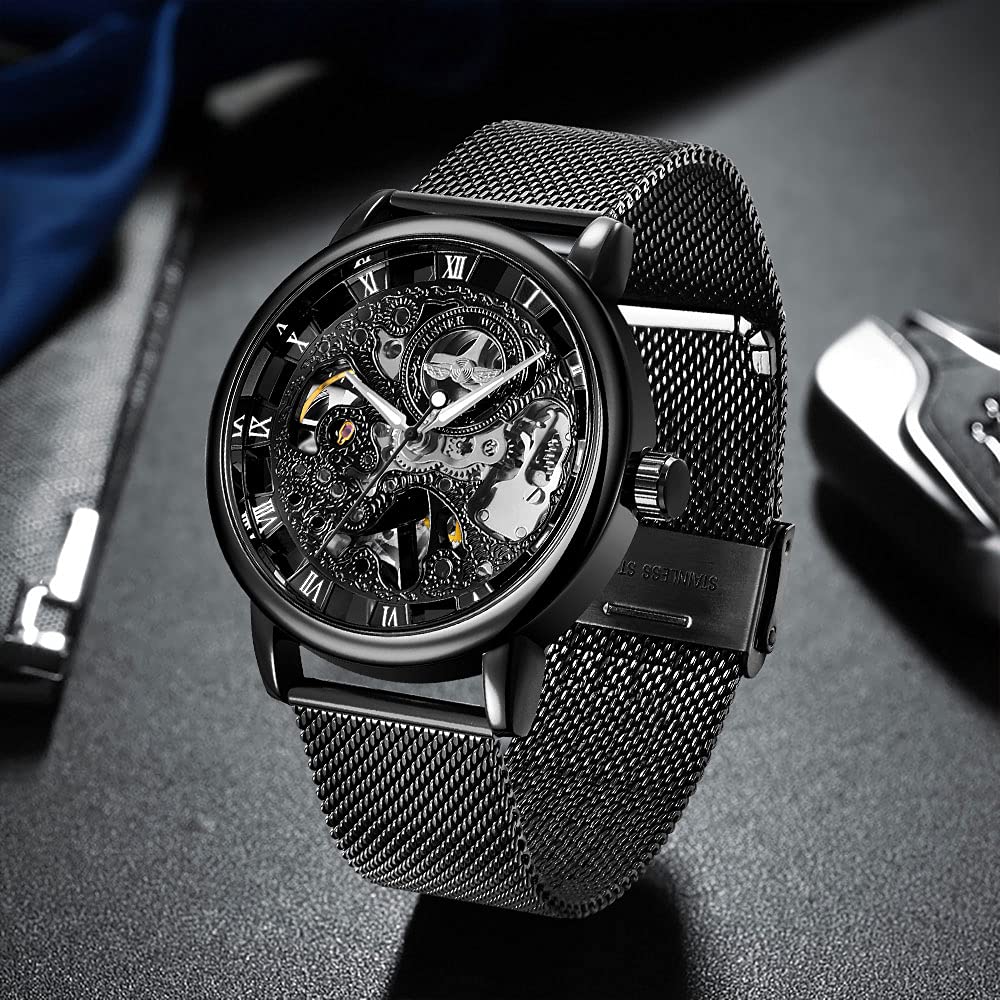 Whodoit Men's Mesh Strap Mechanical Skeleton Watch