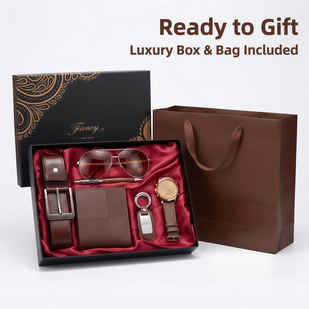 CXLZENGH Premium 6-Piece Men’s Gift Set — Belt, Wallet, Watch, Sunglasses, Keyring and Pen — A luxurious birthday/Christmas gift for dad, husband or boyfriendCoffee Brown