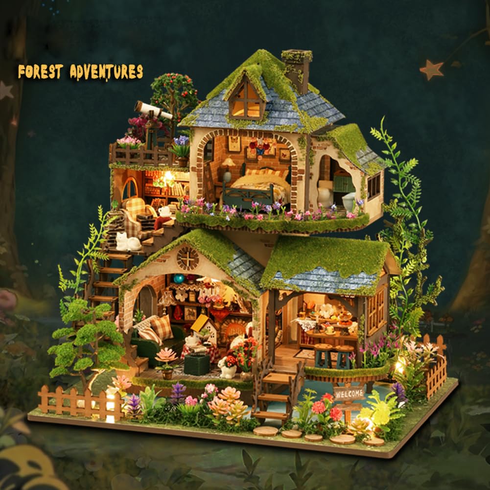Yuzhen DIY Miniature Dollhouse with Furniture and LED Lights, Wooden Dollhouse Includes Dustcover and Music Movement