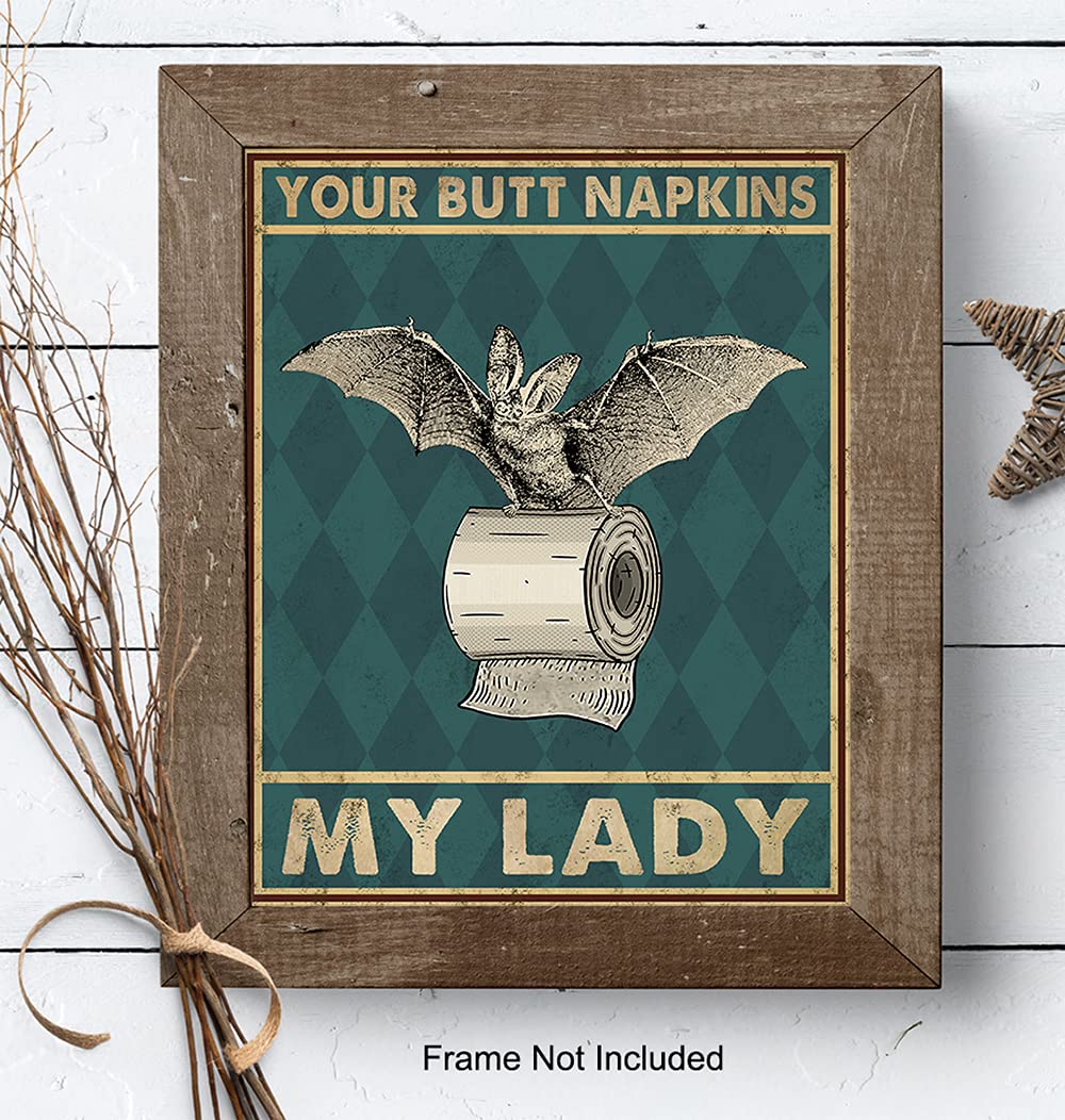 Your Butt Napkins My Lady - Gothic Bathroom Decor for Women - Bat Wall Decor - Funny Guest Bathroom Wall Art - Toilet Paper Art Decorations - Restroom Sign - Bath Picture - Powder Room Artwork