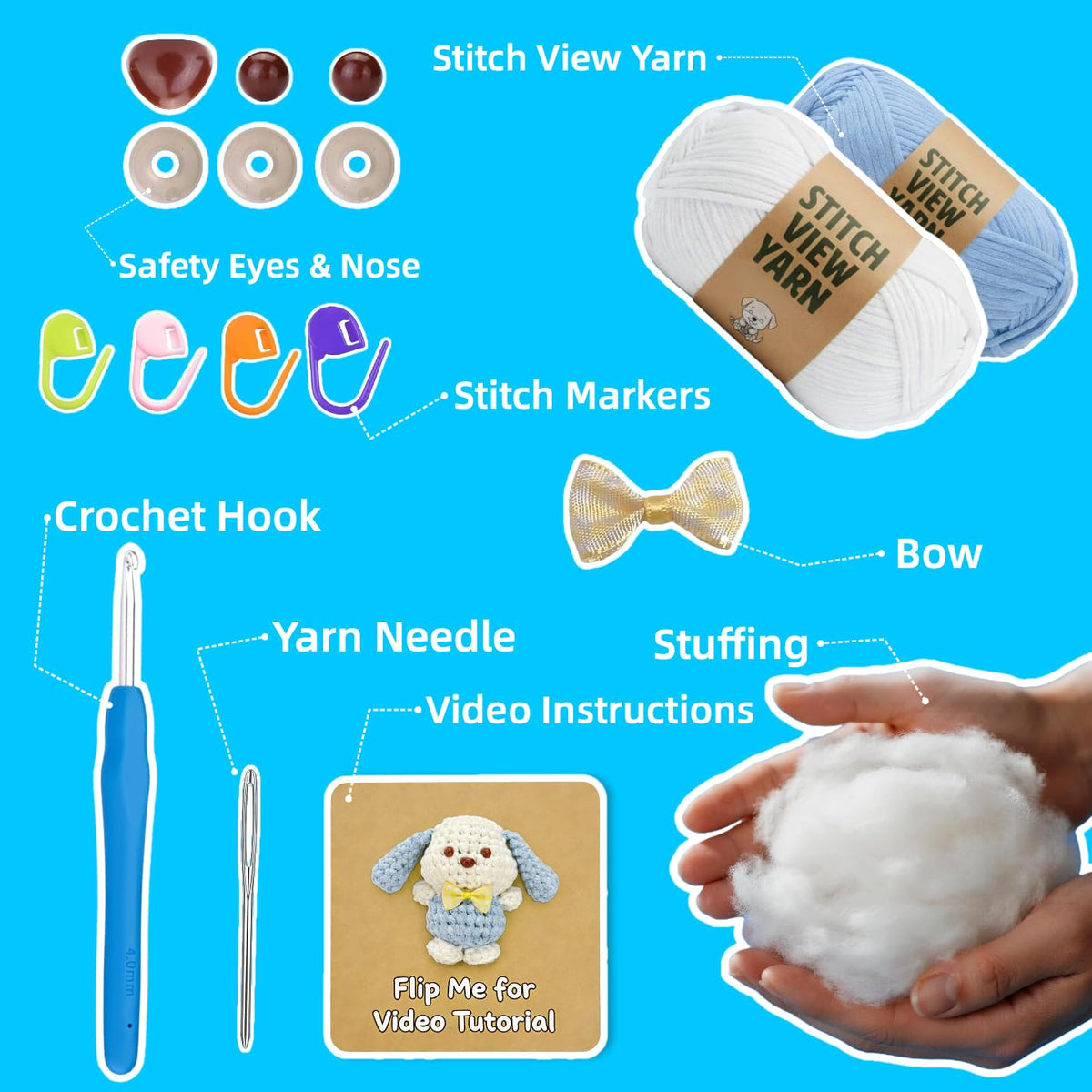 BUNUKY Crochet Kit for Beginners Adults - Complete DIY Amigurumi Puppy Dog Starter Set with Video Tutorial | Easy Learn to Crochet Kit with All Supplies | Craft Gift for Women Teens Girls