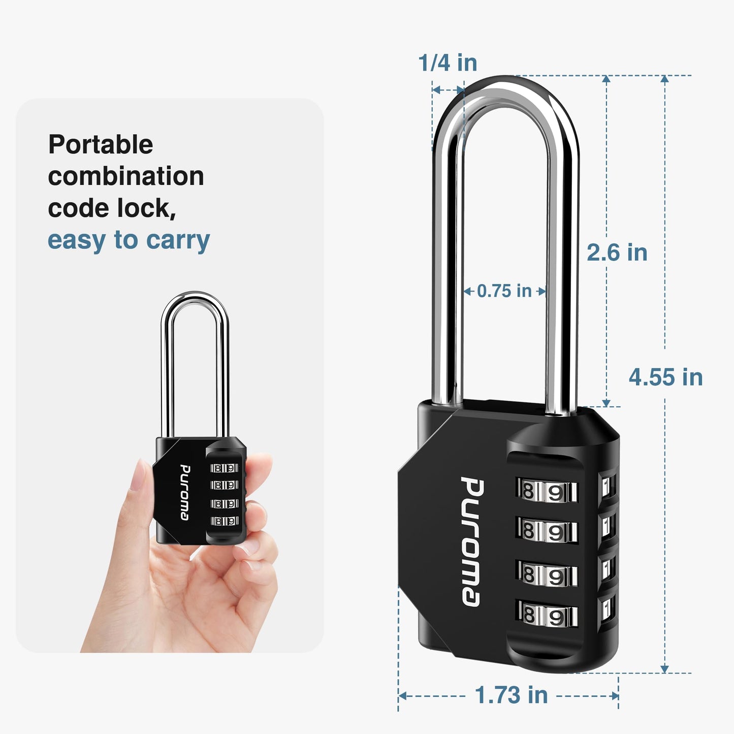 Puroma 2 Pack 2.6 Inch Long Shackle Combination Lock 4 Digit Outdoor Waterproof Padlock for School Gym Locker, Sports Locker, Fence, Gate, Toolbox, Case, Hasp Storage (Black)