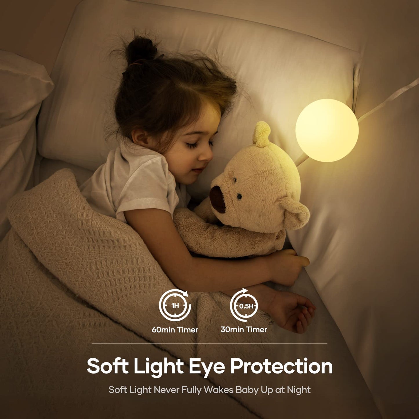 LED Night Light, Night Light for Kids, USB Rechargeable Table Lamp with Dimmable,Warm Light,7 Colors,Touch Control, 0.5/1hour Timer for Nursery, Baby,Bedroom,Camping