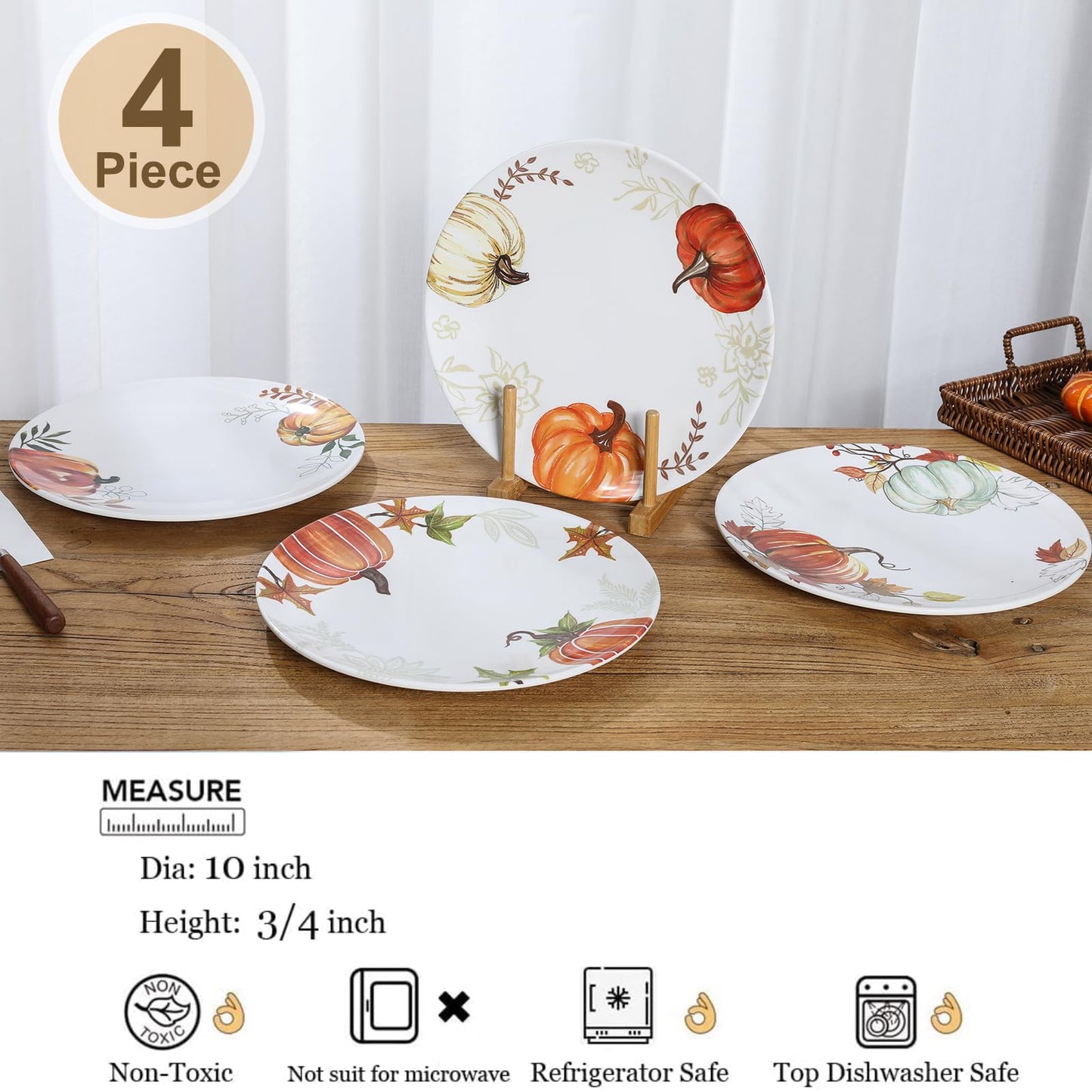 Webbylee 10 Inch Fall Pumpkin Plates for Thanksgiving, Set of 4 Durable Melamine Dinner Plates, Heavy Duty Dishwasher Safe & Shatter-Resistant Autumn Tableware for Holiday Parties