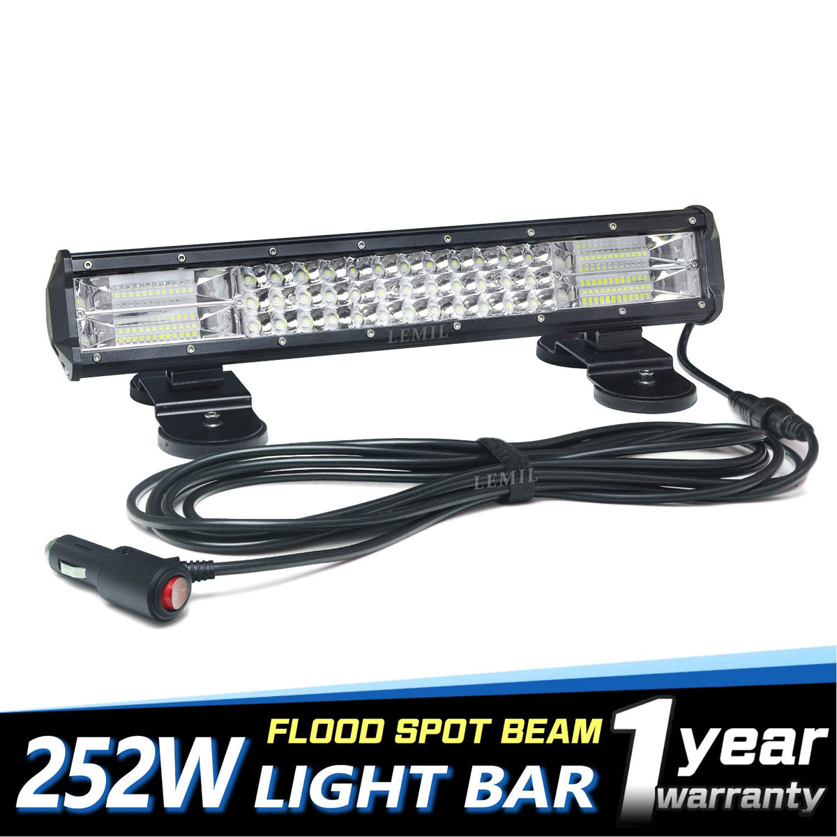 LEMIL LED Light Bar 18'' 252W Magnetic Light Triple Row Lights Cigarette Lighter Plug Flood Spot Combo Beam 12V Work Light High Power Wire Harness Kit Fog Driving Light Offroad Truck 4x4 Pickup ATV