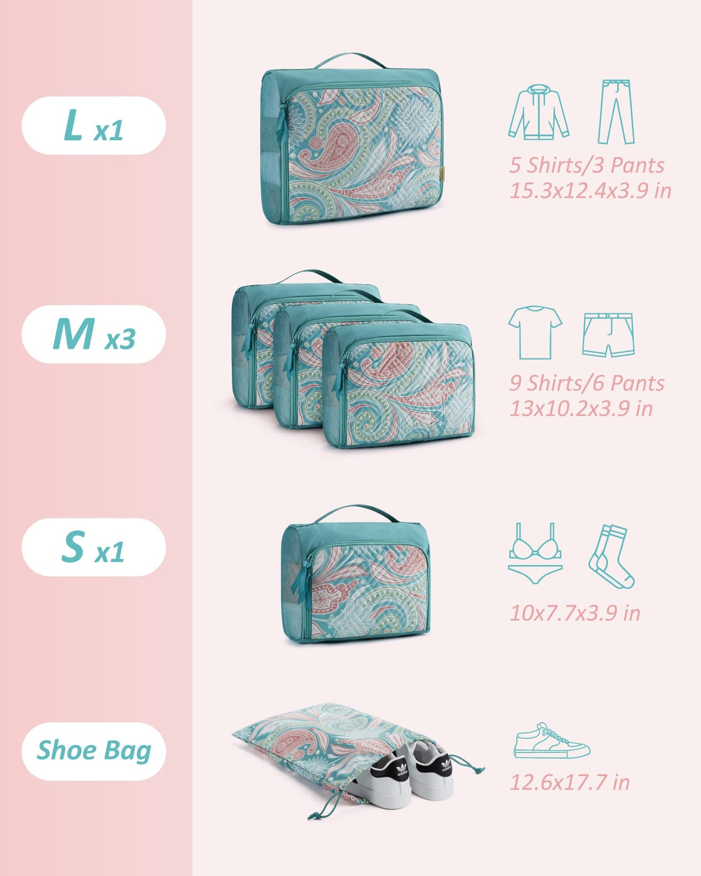 BAGSMART Quilted Packing Cubes for Travel, 6 Set Packing Cubes for Suitcases, Lightweight Travel Cubes (1 L+3 M+1 S+1 Shoe Bag) Suitcases Organizer