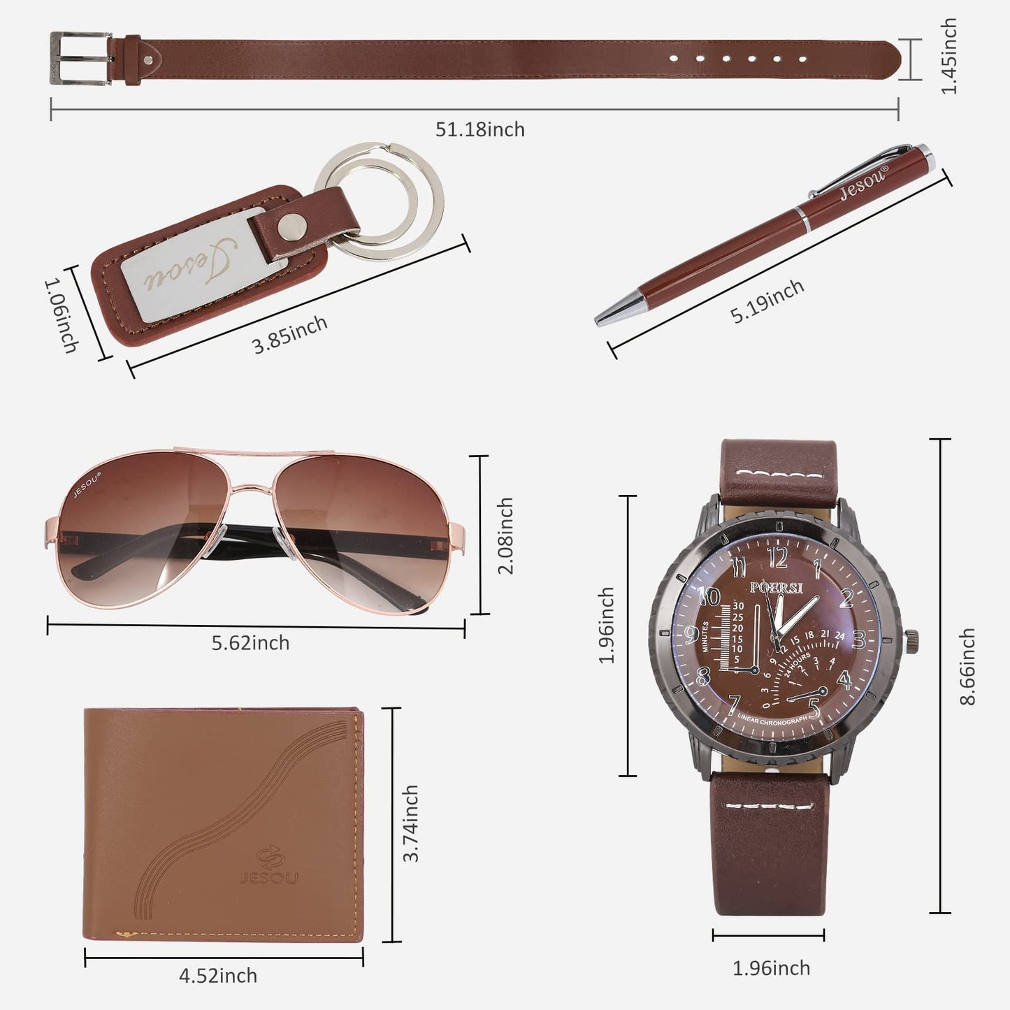 Baojulong 6pcs Men's Gift Set with Box Brown Leather Belt Wallet Watch Glasses Keychain Ballpoint Pen Gifts for Men, Valentines Day Gifts for Him