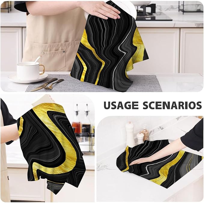 Black Gold Kitchen Dish Towels Set of 4 Soft Absorbent Marble Texture Black