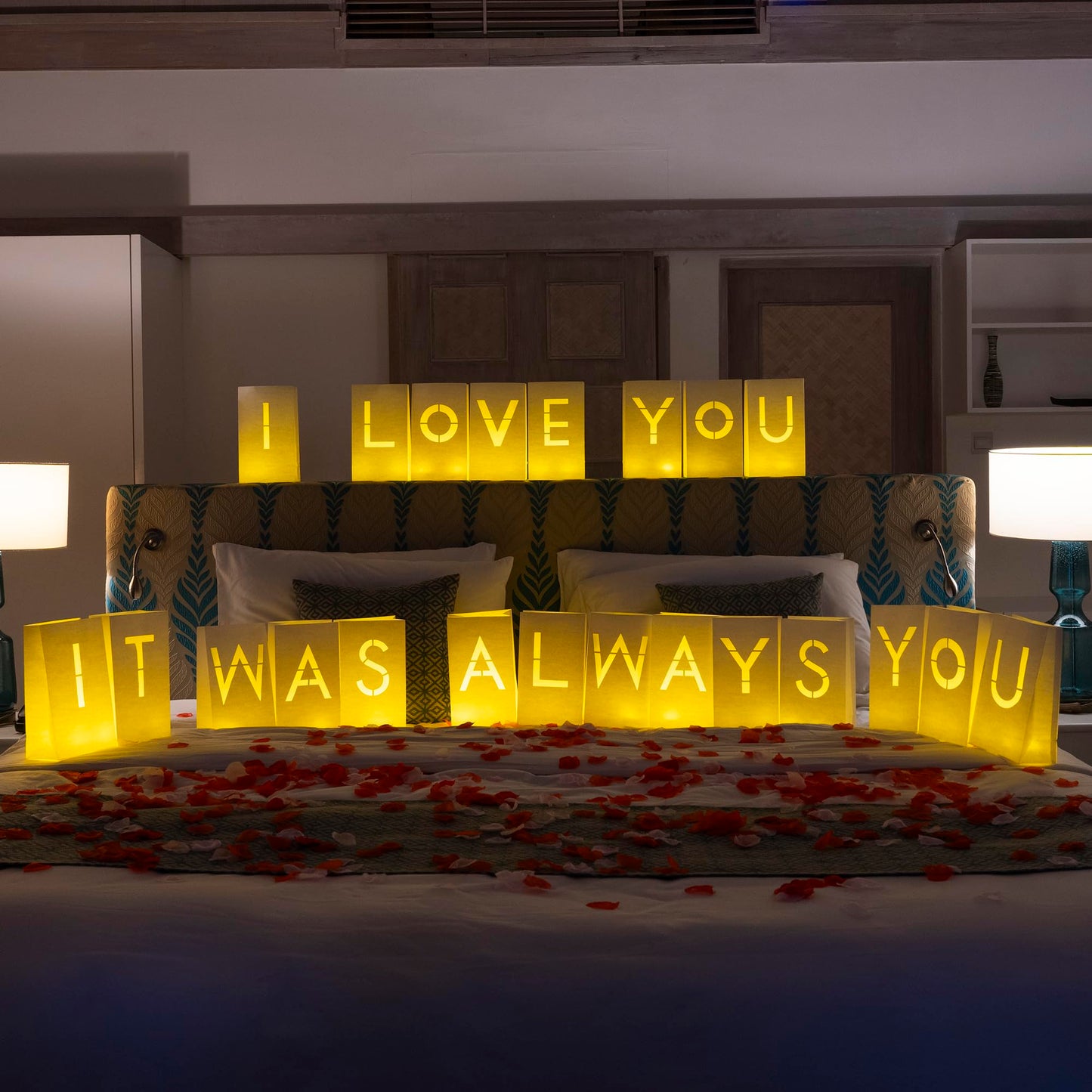 WYMM It Was Always You Light Up Letters with 30 Tea Lights Candles and 1000 Red & Pink Rose Petals - Luminary Bags Engagement Party Decorations & Anniversary Decorations Ideal Gift For Men & Women