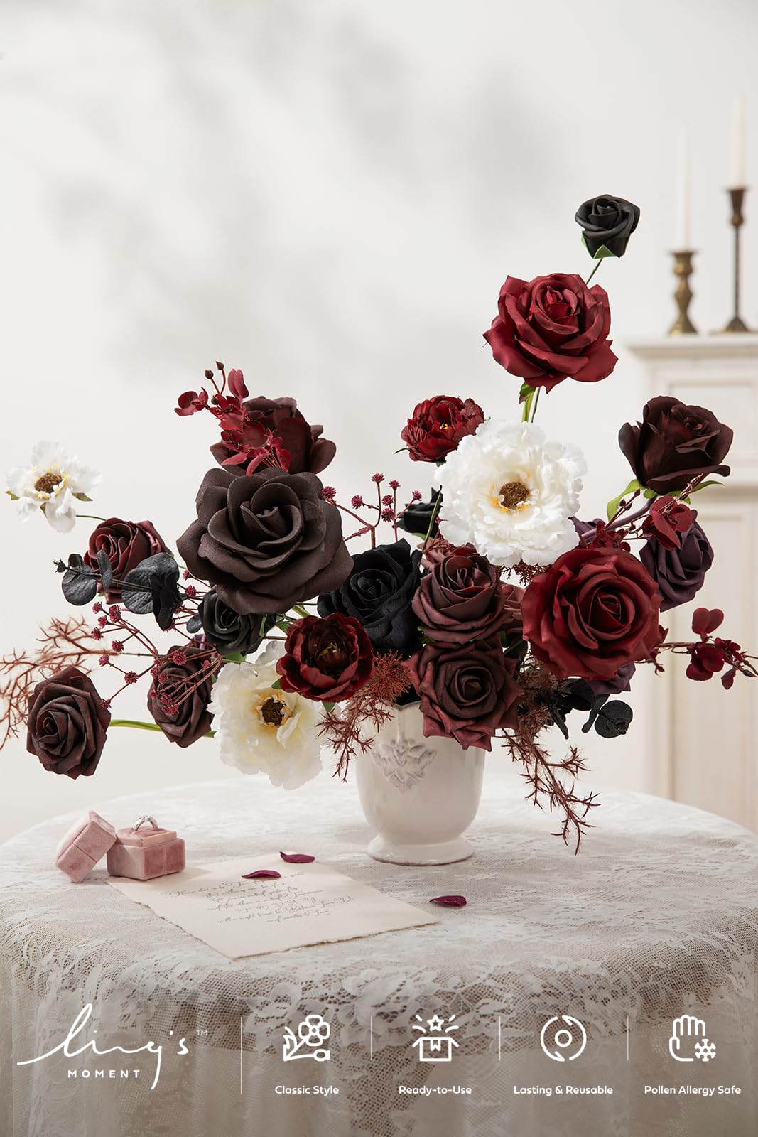 Ling's Moment Moody Burgundy & Black Artificial Flowers and Greenery Deluxe Combo Box Set, Goth Fake Flower for DIY Wedding Bridal Bouquet, Centerpieces Decor, Floral Arrangement Decor, etc.