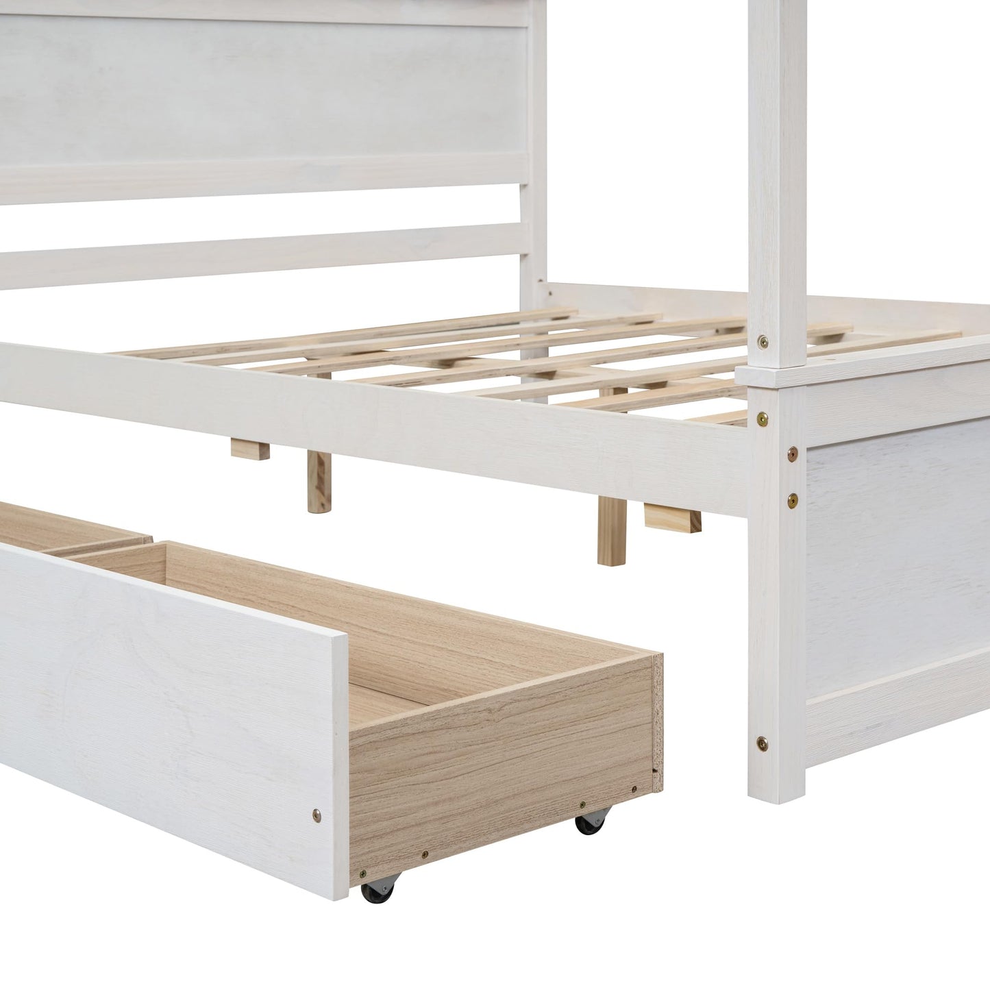 GDFStudio Full Size Canopy Bed Frame with 2 Storage Drawers, Solid Pine Wood Platform Bed Frame Full Size with Headboard Slat Support, Canopy Full Size Bed Frame, No Box Spring Needed, Brushed White