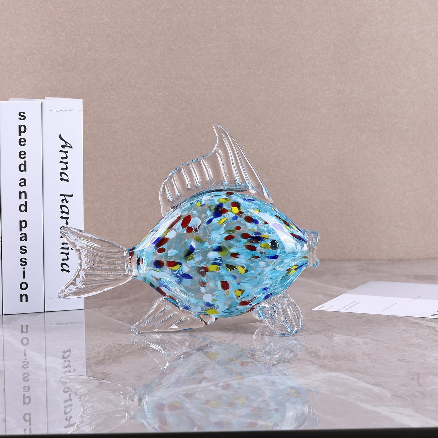 LINYTHER Large Glass Fish Figurine for Home Decor, Hand Blown Art Glass Ocean Animal Statue, Decorative Coastal and Beach Themed Sculpture for Table, Shelf, Bathroom, Living Room or Office