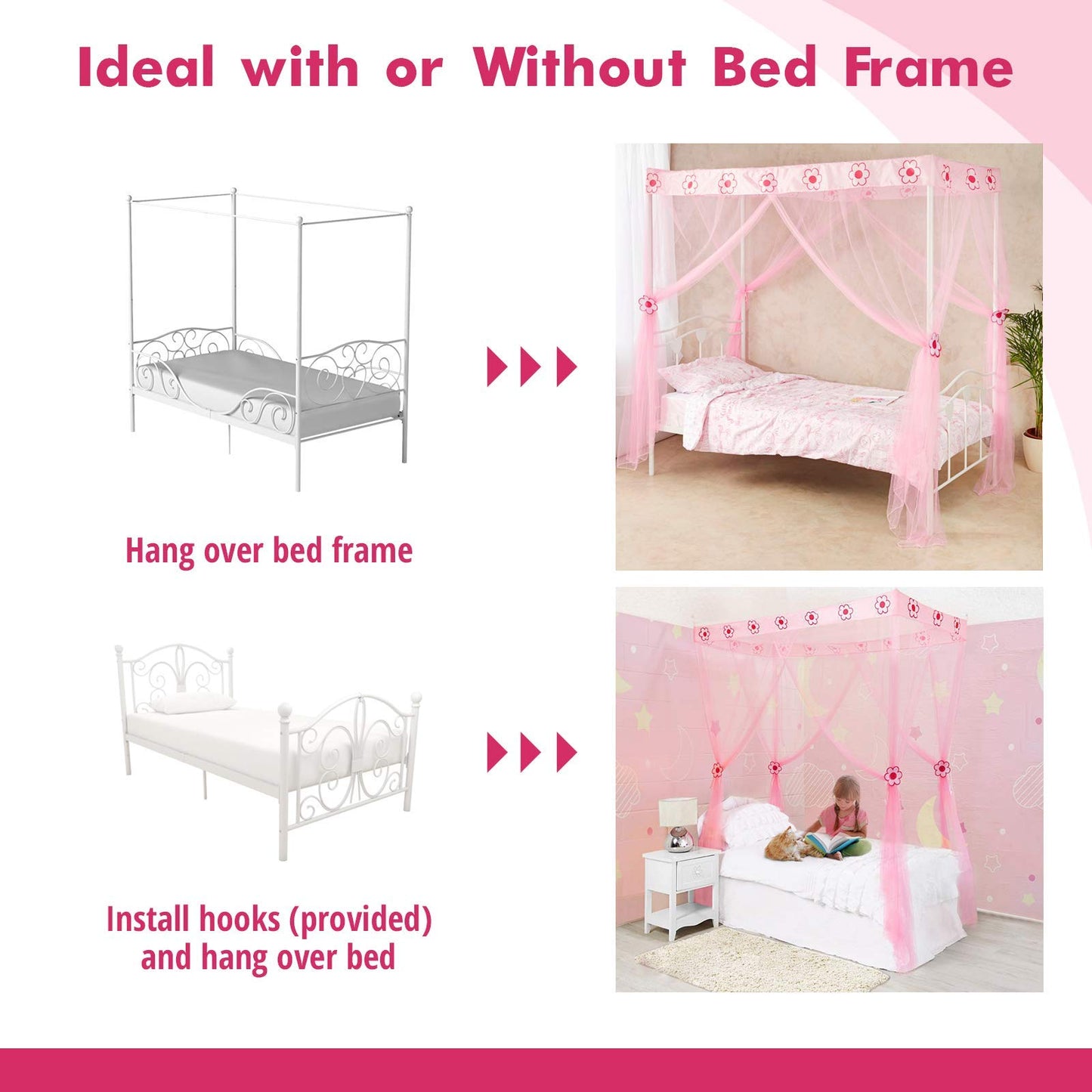Wremedies for easier living Girls Princess Bed Canopy 4 Poster Style Bed Netting with Flowers Twin Bed Mosquito Easy Installation Net Box Set (White)