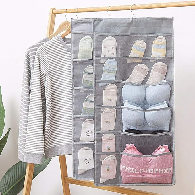 Closet Hanging Organizer with Mesh Pockets & Rotating Metal Hanger, Dual Sided