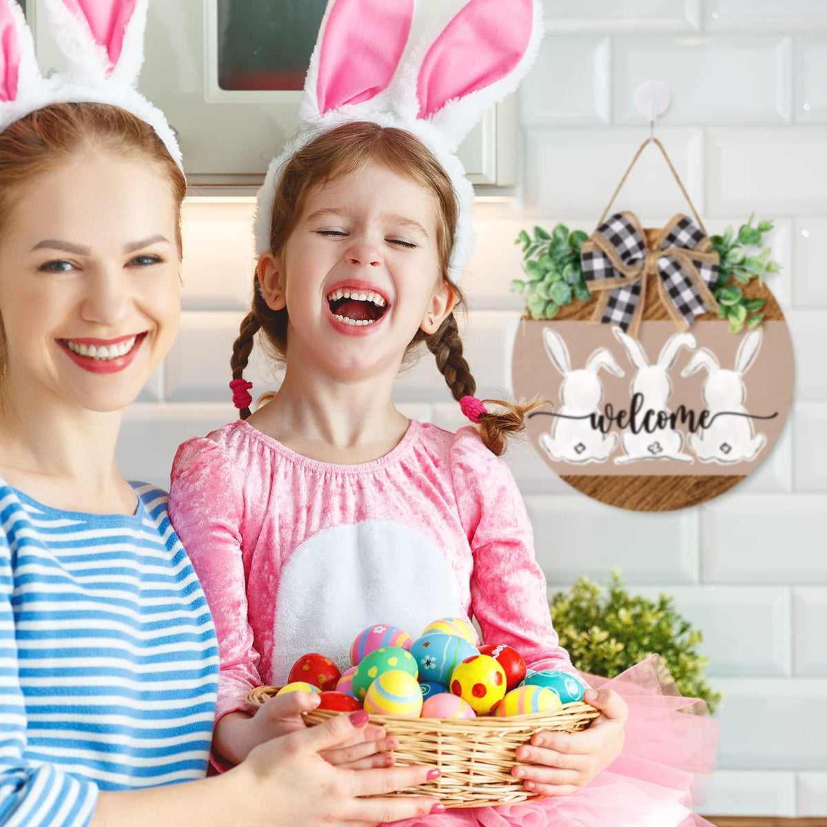 Whaline Easter Wooden Hanging Sign Bunny Rabbit Welcome Sign Door Decoration with Bow Rustic Easter Wood Wreath Sign for Spring Holiday Home Coffee Shop Bakery Farmhouse Window
