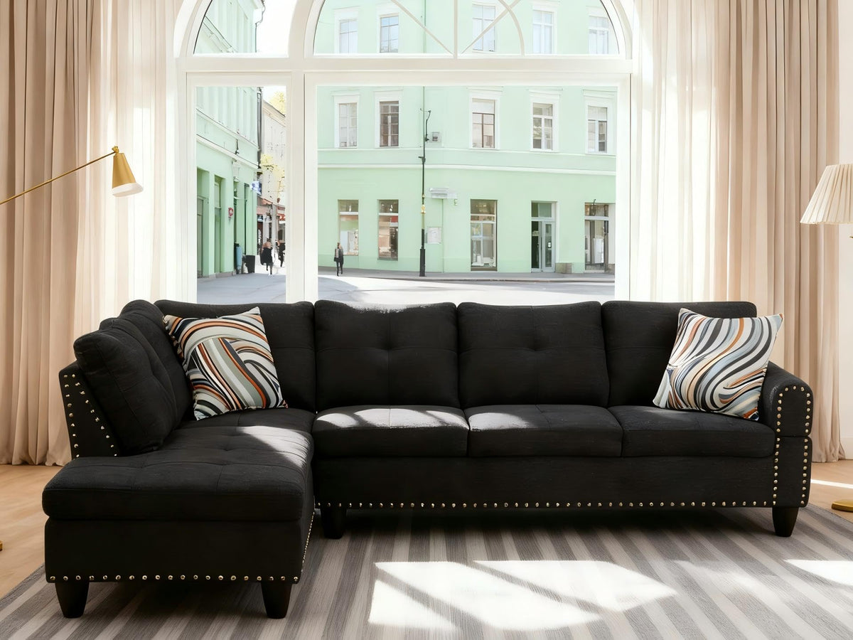 Trygoal Modern L-Shaped Sectional Sofa with Cup Holder, 4-Seater Fabric Couch with Chaise Lounge, for Living Room, Apartment, Studio, Easy Assembly, Black