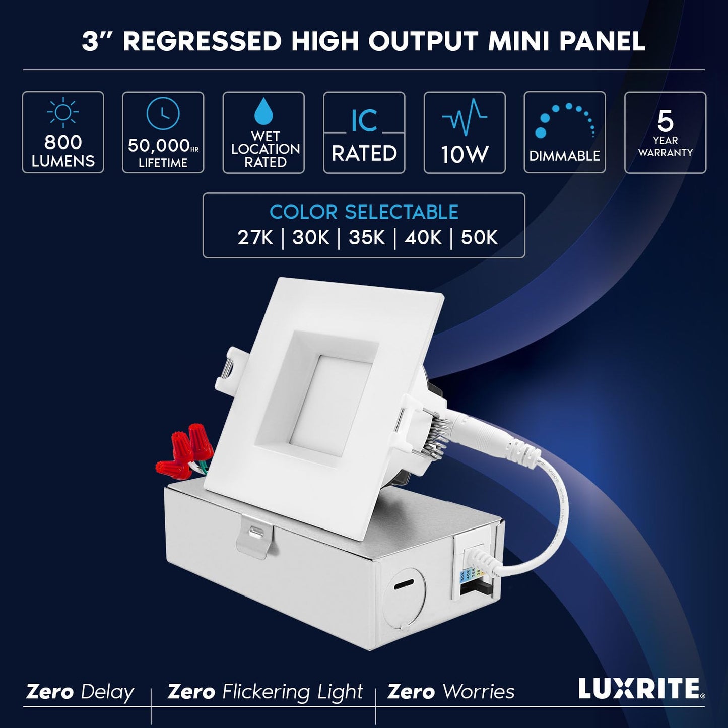 LUXRITE 3 Inch Square LED Recessed Ceiling Light with Junction Box, 10W, 5CCT Selectable 2700K/3000K/3500K/4000K/5000K, 800LM High Brightness, Dimmable Canless Downlight, Wet Rated, ETL (6 Pack)