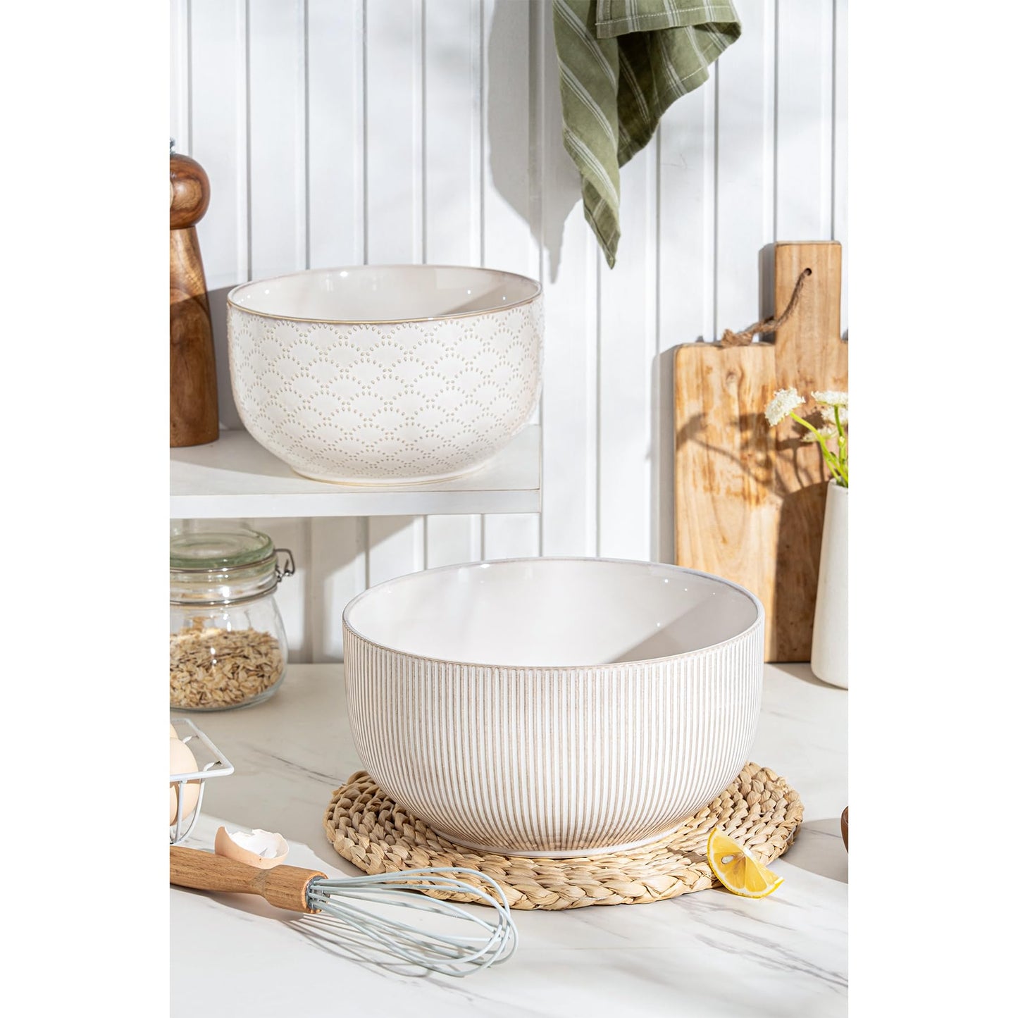 Mikiegy Ceramic Mixing Bowls Set of 2, Nesting Ceramic Embossment Stoneware Mixing Bowls for Cooking, Serving, Popcorn, Salad etc, Microwave & Dishwasher Safe, 98/145 oz, Off-White