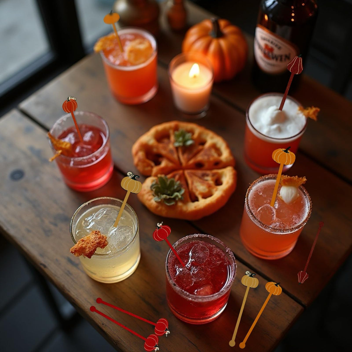 50 Pcs Pumpkin Drink Stirrers Bulk, 5.91 Inch Wooden Halloween Cocktail Picks with 5 Unique Autumn Orange Designs, Fall Party Supplies for Coffee, Beverages, Halloween Decor