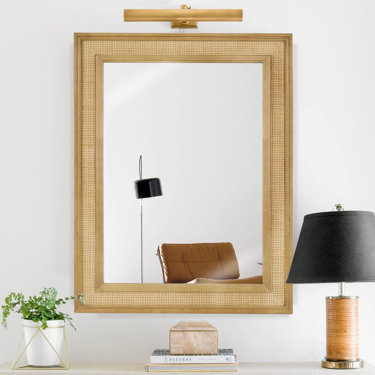 WallBeyond Rattan Wall Mirror Rectangle, 32 X 44 inch Rattan Mirror with Wooden Framed for Wall Decor Bathroom, Living Room, Entryway, Farmhouse, Bedroom