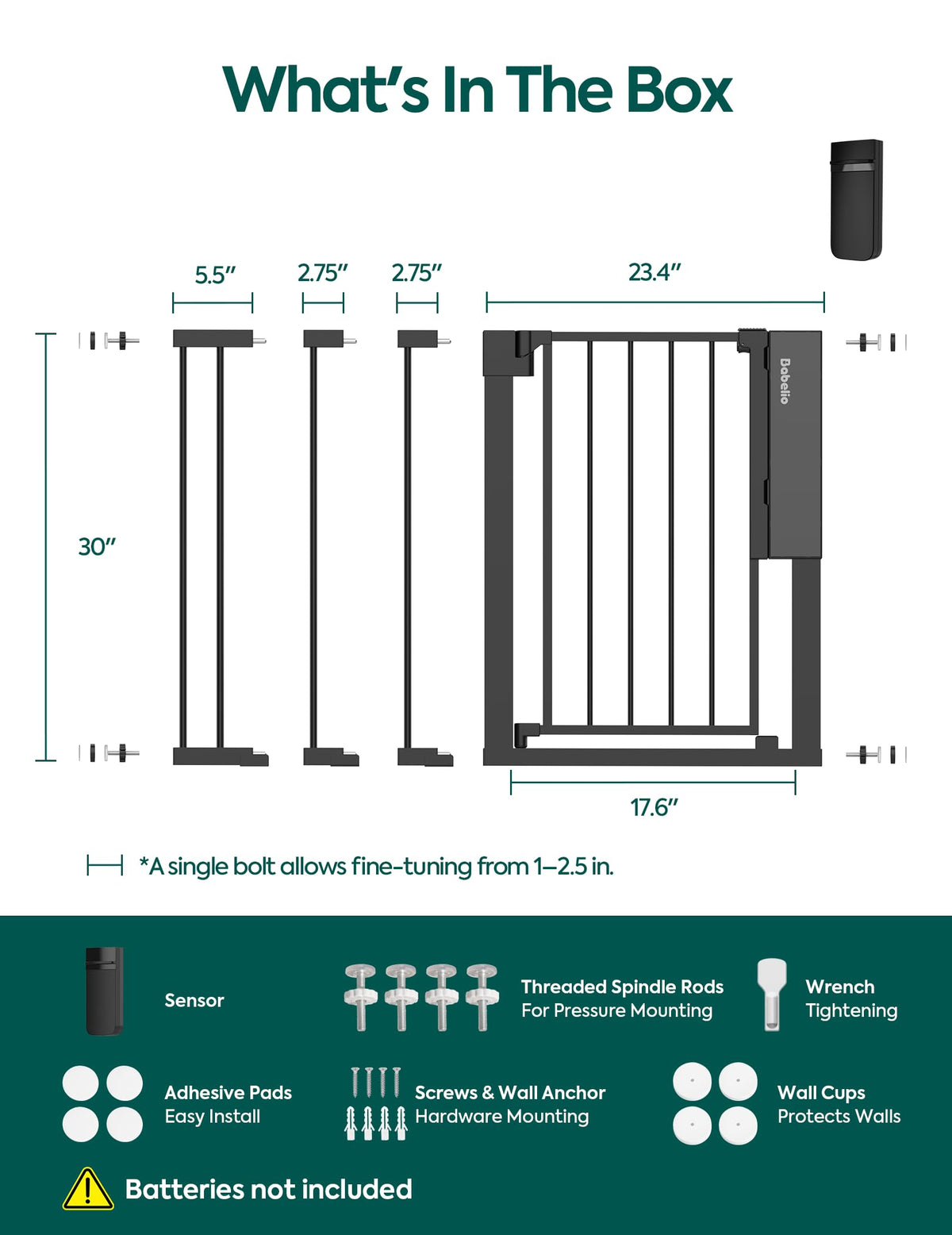 Babelio Smart Baby Gate with Auto-Unlock/Close, Pressure Mounted No Drill for Doorways/Top of Stairs. Pet/Dog Door Wide Walk Thru w/Infrared Sensor & Safety Alert (Black, 26.3-37.8" W, 30" H)