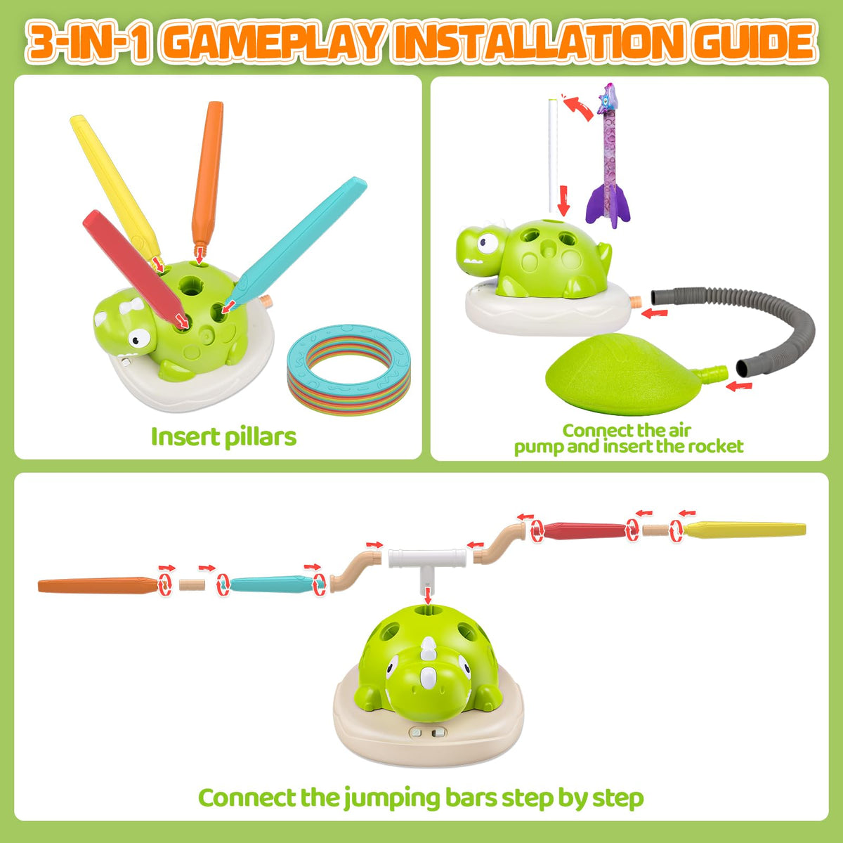 3 in 1 Dinosaur Rocket Launcher Musical Jump Toss Ring Game and Stomping Toys for Kids Outdoor with Remote Control, Indoor Outside Toy for Boys Girls 3-13 Toys for Ages 5 6 7 8 9 10 11 Birthday Gifts