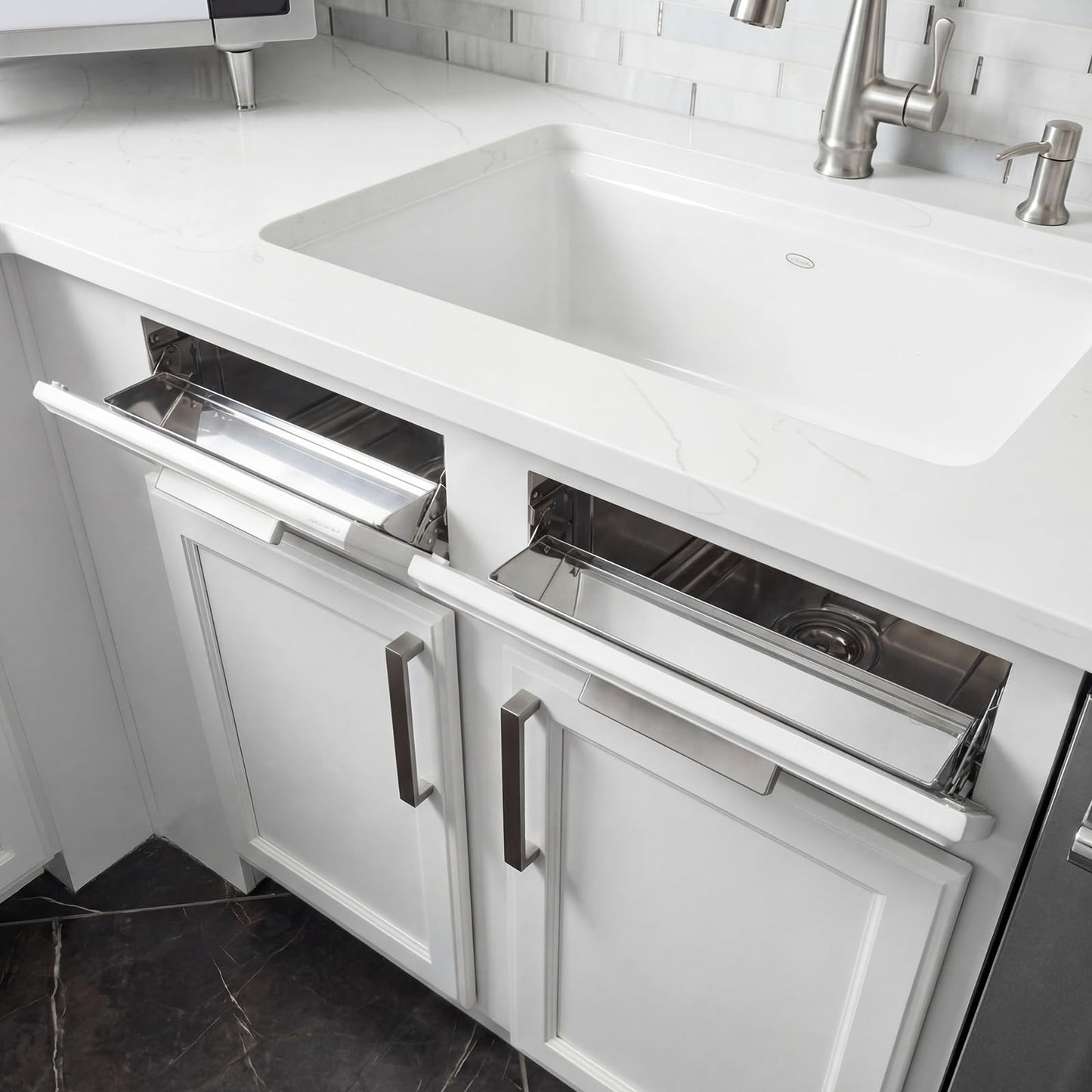 Yiyiring 2 Set 16 Inch Stainless Steel Sink Drawer Tip Out Tray Kit Include Tip-Out Sink Trays and Hinges Large Pull Out Storage Organizer for Kitchen Bathroom Base Cabinets