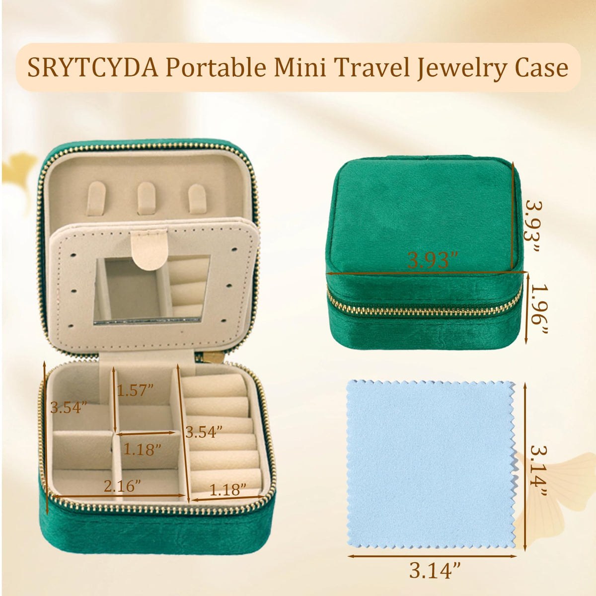 SRYTCYDA 4PC Travel Jewelry Box, 3.93" × 3.93" Portable Small Velvet Jewlery Organizers and Storage with Mirror, Travel Jewellery Case Gift for Women for Stud Earrings, Rings, Necklaces (Dark green)