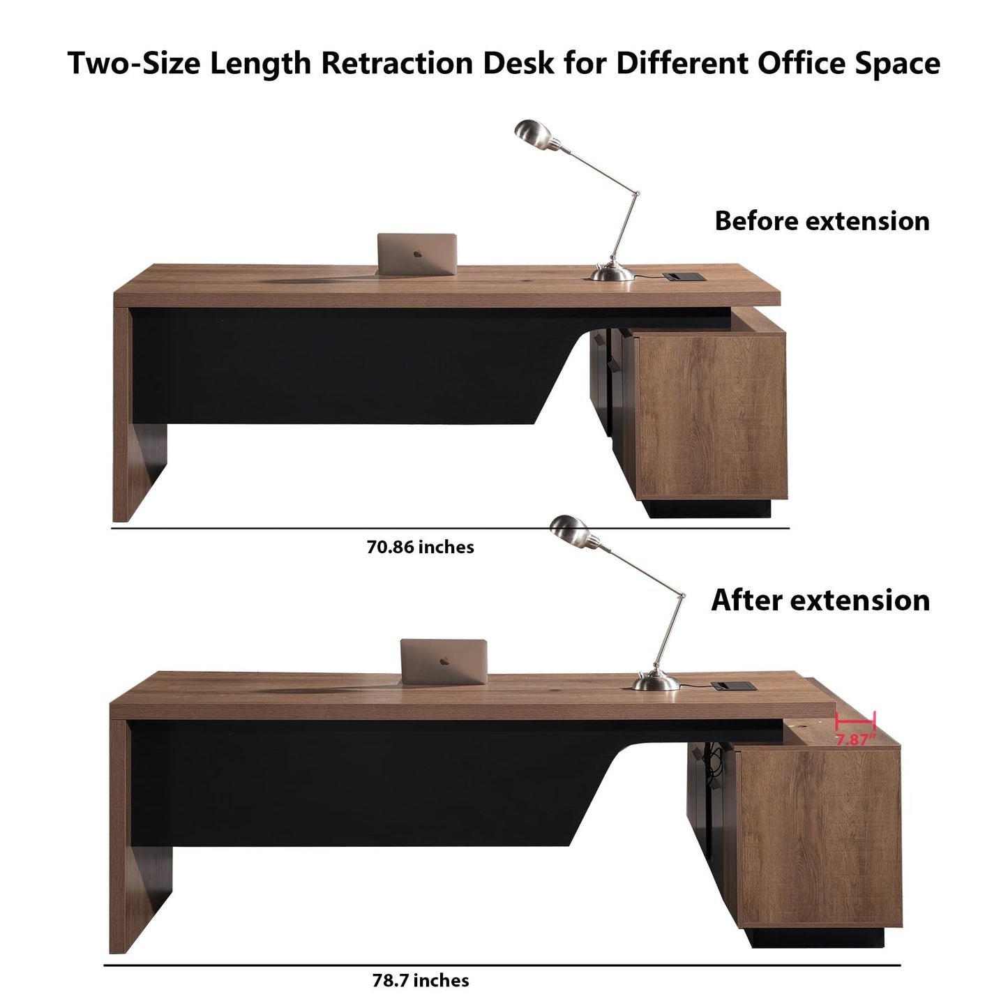 ONNAHOMEStlyle L Shaped Desk with File Drawer, Solid Wood Large Executive Desk for Home Office, Adjustable Width (70.86" to 78.7"), Storage Cabinet & 2 Drawers, Left Return