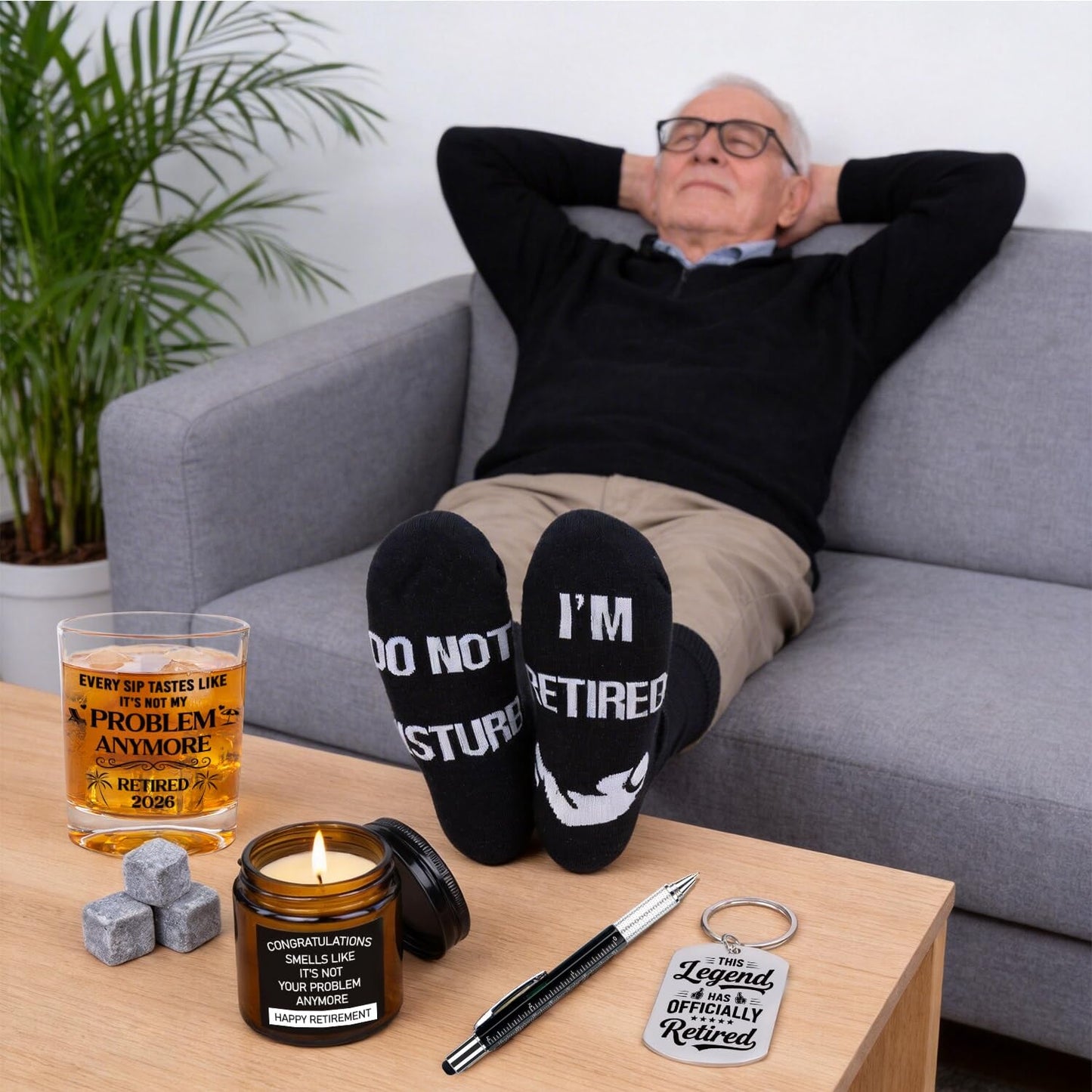 Ithmahco Retirement Gifts for Men 2026, Retirement Gift for Men, Funny Retired Gifts Includes Whiskey Glass Set Candles Hat Socks Pen Bottle Opener Keychain Dice for Dad, Coworker, Boss, Grandpa