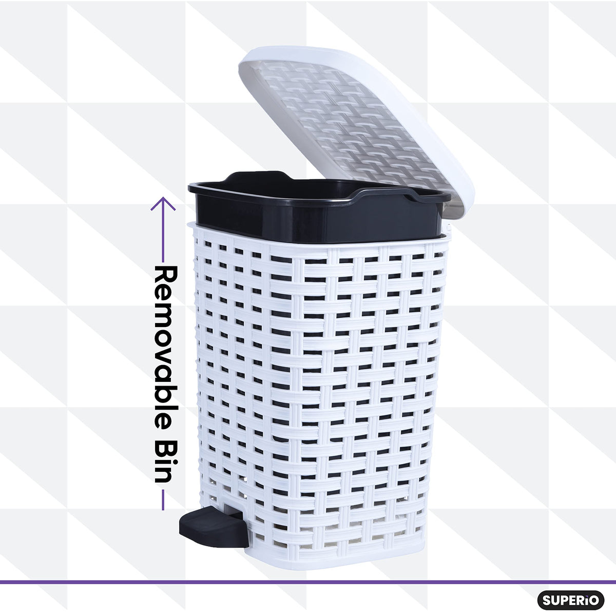 Superio Small Outdoor Trash Can with Lid for Dog Poop 3 Gallon/12 L Mini Plastic Garbage Can with Foot Pedal for Bathroom, Bedroom, Office, Patio, Wicker White, 8 Pack