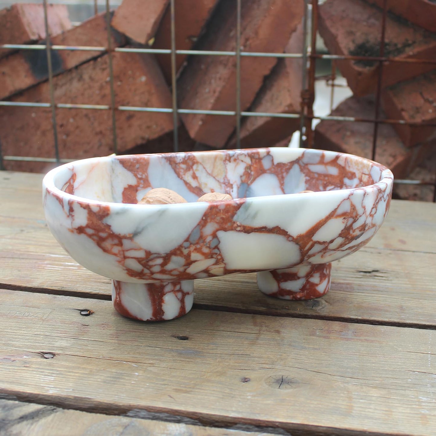 Nawgnail Natural Oval Calacatta Red Marble Fruit Bowl for Kitchen Counter 10", Large Decorative Bowl Two-Legs for Home Decor, Fruits Holder For Dining Table - Kitchen Organization