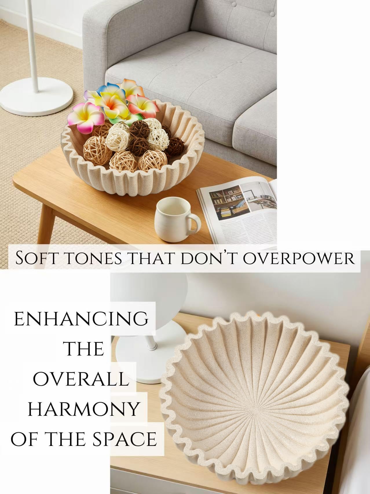 WVTANVW Ruffle Decor Large Decorative Bowl,fruit bowl kitchen stone bowl,bowl decor,Trendy home decor large Stylish Key Bowl for Entry Table