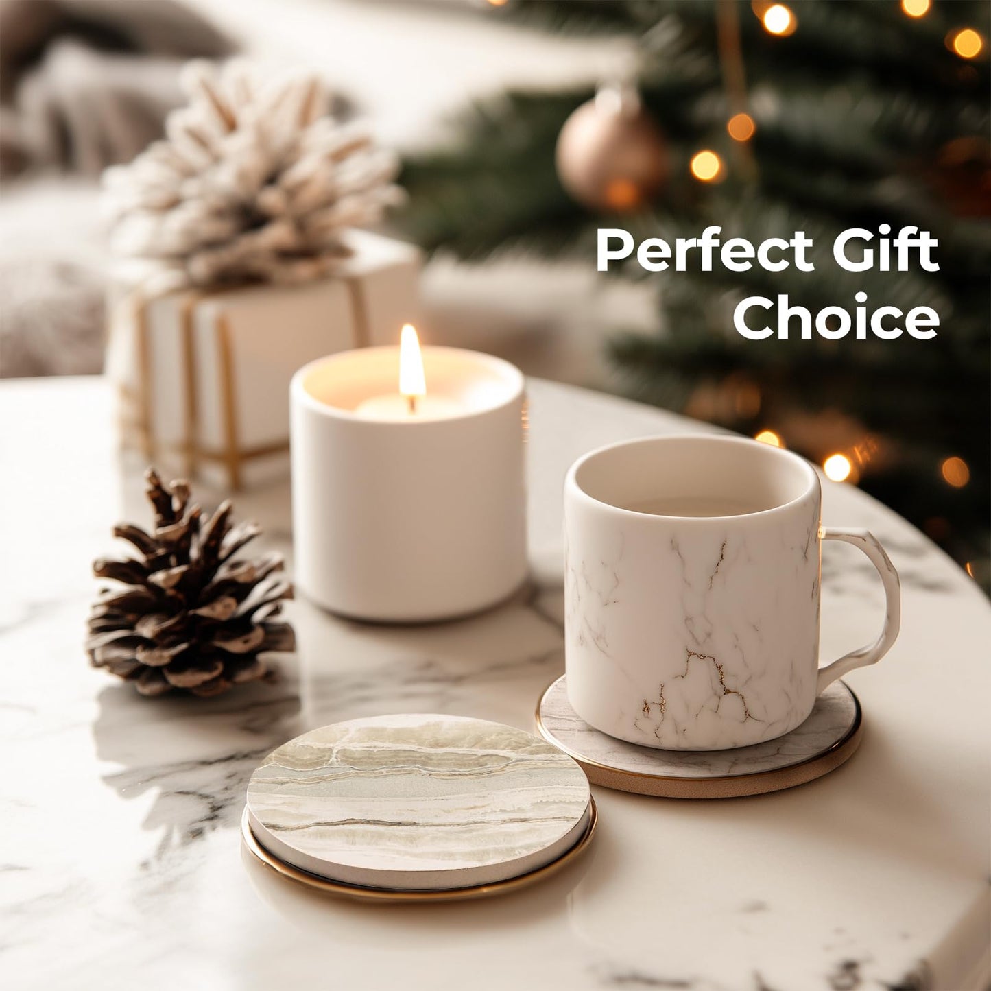 LlFVER Coasters Set of 8, Absorbent Drink Coaster with Holder, Marble Style Ceramic Stone Coasters for Drinks Coffee Tabletop Protection, Modern Furniture Coaster for Home Decor House Warming Gifts