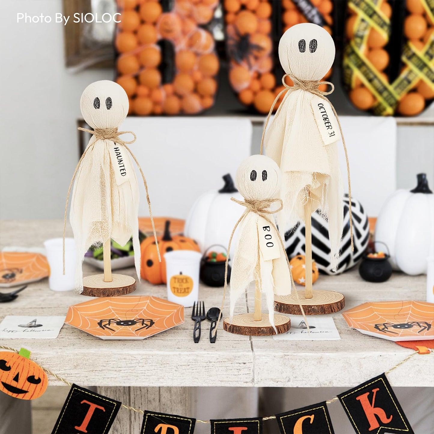 Halloween Ghost Decorations Set of 3, Rustic Wooden Base Boo Ghost Tabletop Ornaments, Farmhouse Halloween Indoor Centerpieces for Mantel, Shelf, Coffee Table and Entryway Decor