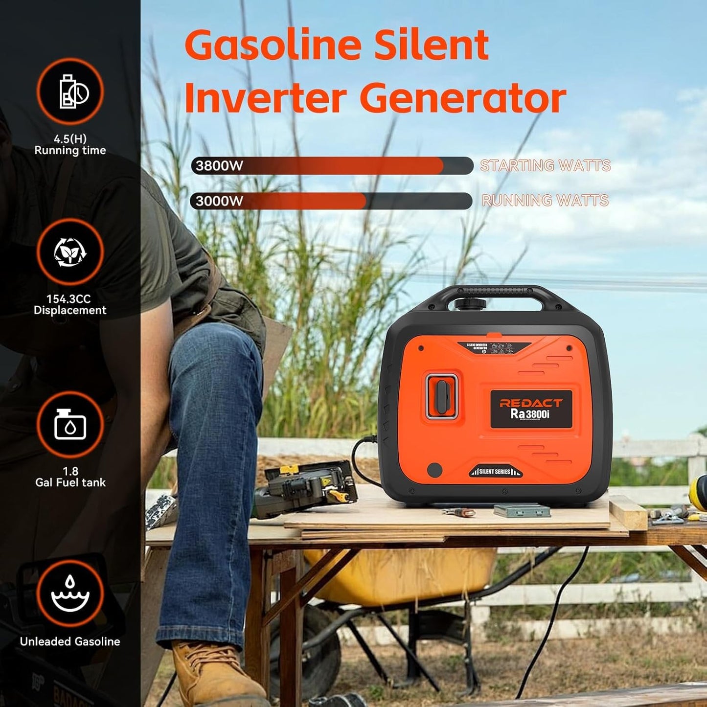 3800W Lightweight Portable Inverter Generator with Clean Power for Home, Camping, RV, Tailgating & Emergencies | Eco-Mode, CO Protection, Parallel Ready, Ultra-Quiet Gas Generator