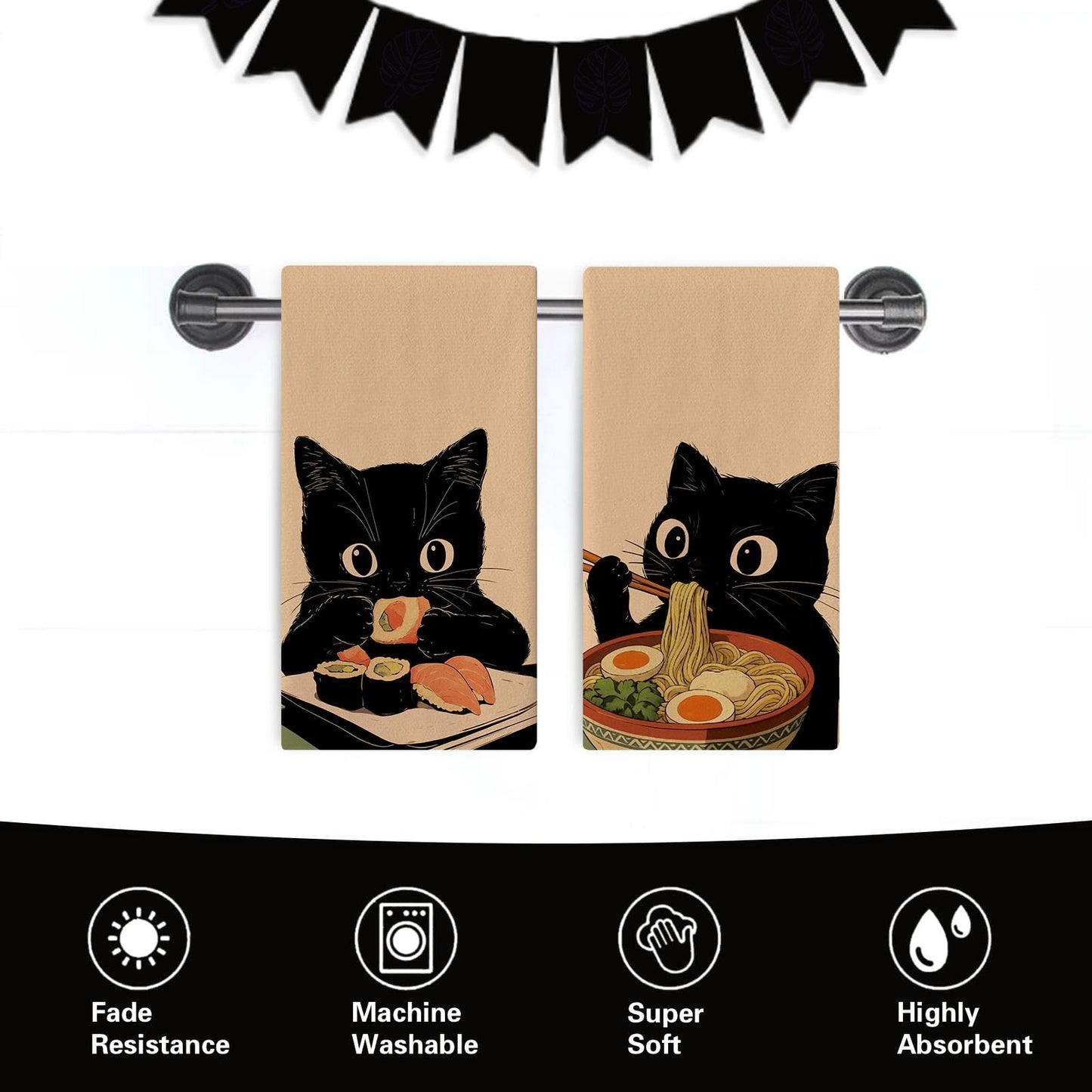 Croar Funny Black Cat Kitchen Dish Towels Set of 2, Japanese Food Sushi Ramen Noodles Drying Hand Towel Baking Cooking Cloth, Restaurant Dinning Room Home Decor Pet Cat Owner Lover Gifts 18'' x 26''