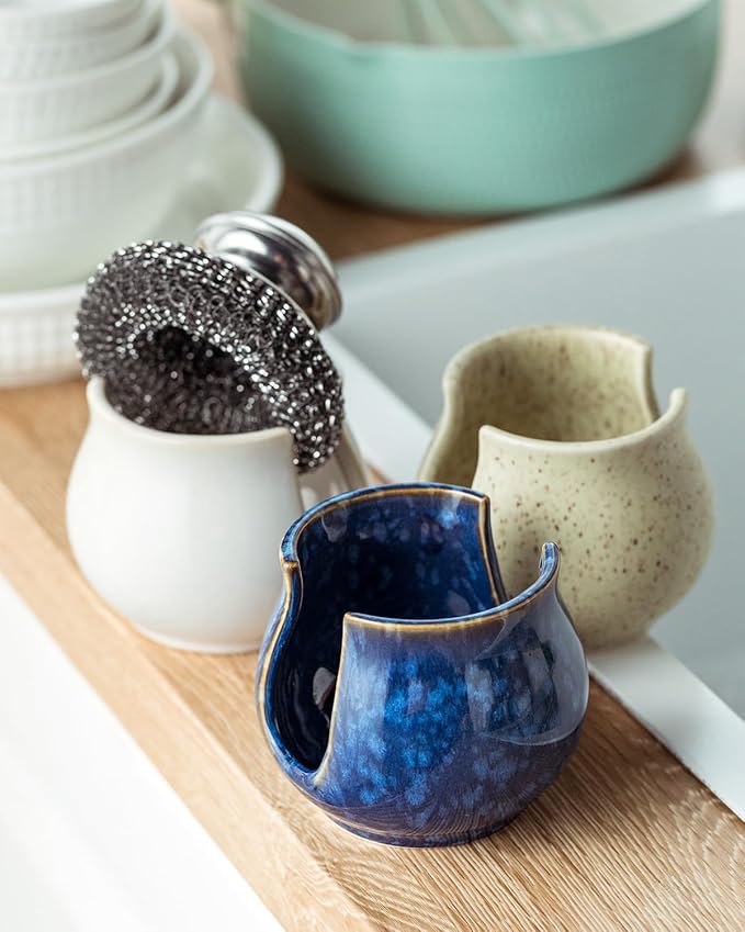 Ceramic Sponge Holder, Kitchen Sink Scrubby Caddy Organizer Dish Sponge Dish