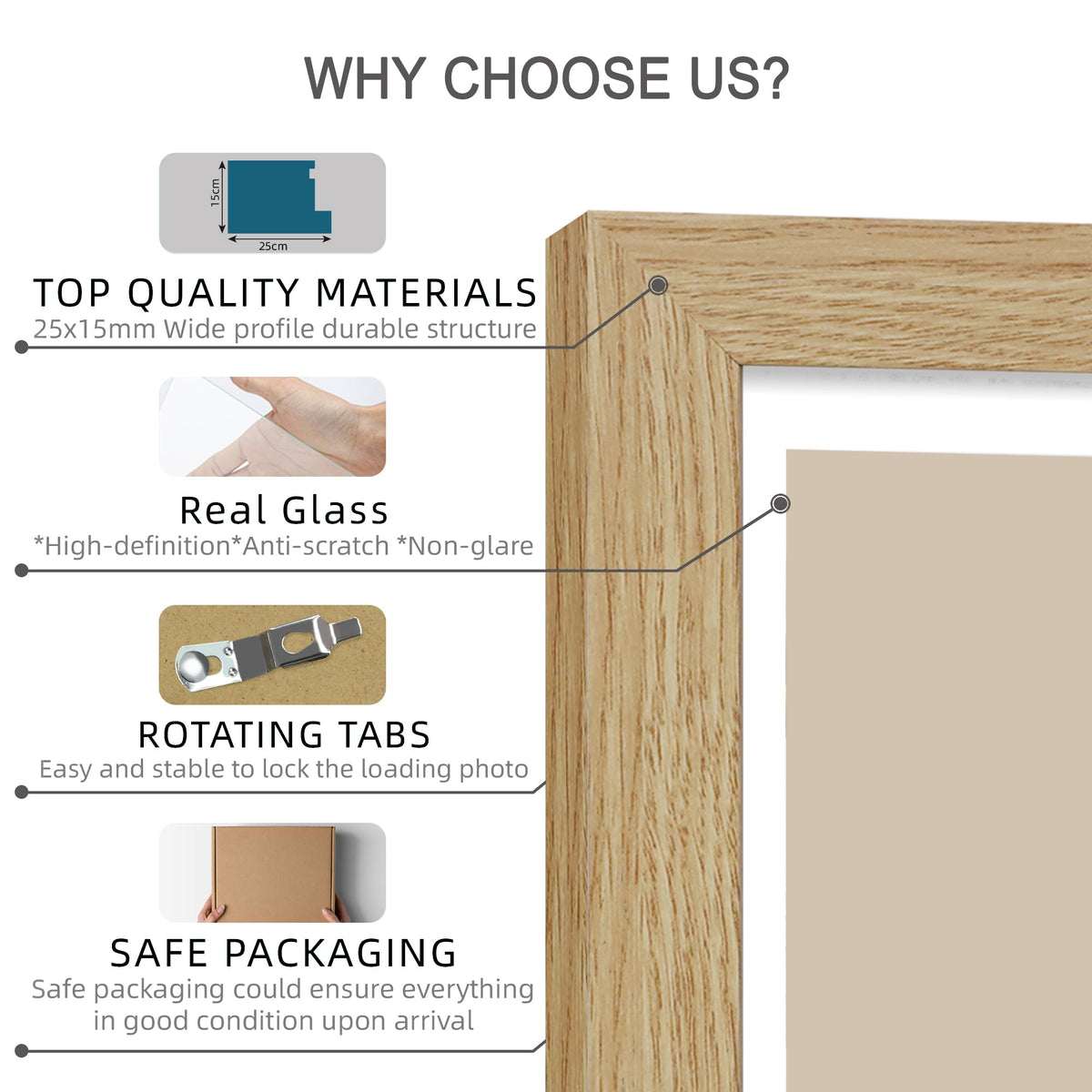 Hongkee 11x14 Picture Frame Set of 4, Made of Glass and Natural Oak Wooden Frame, Display 8x10 Pictures with Mat or 11 x 14 Posters without Mat for Wall Mounting, Gallery Photo Frames