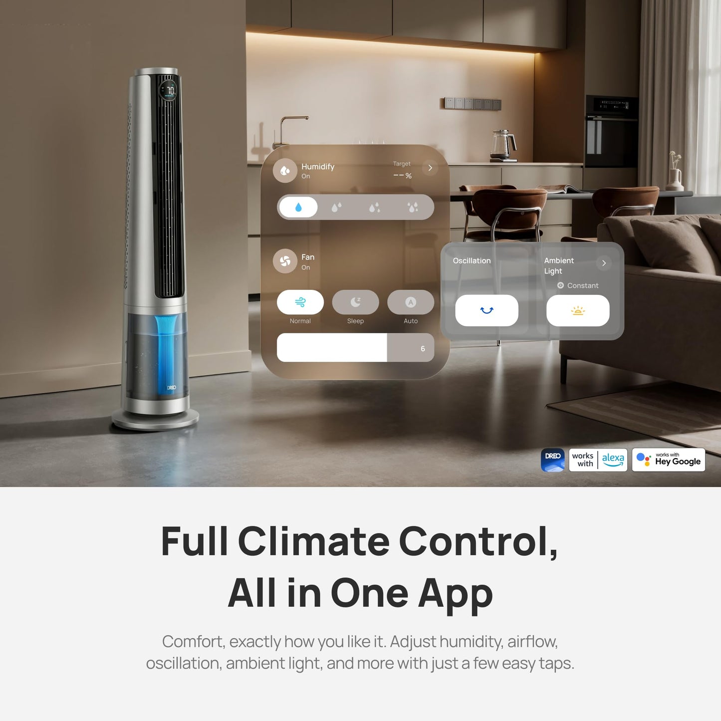 DREO TurboCool Misting Fan 765S, Fans that Blow Cold Air, 10ยฐF Cooling, 34ft/s Fast Evaporative Air Cooler, 6L Tank, 20 dB Quiet DC Motor, 90ยฐ Tower Fan with 12 Speeds, 4 Modes for Home, Silver