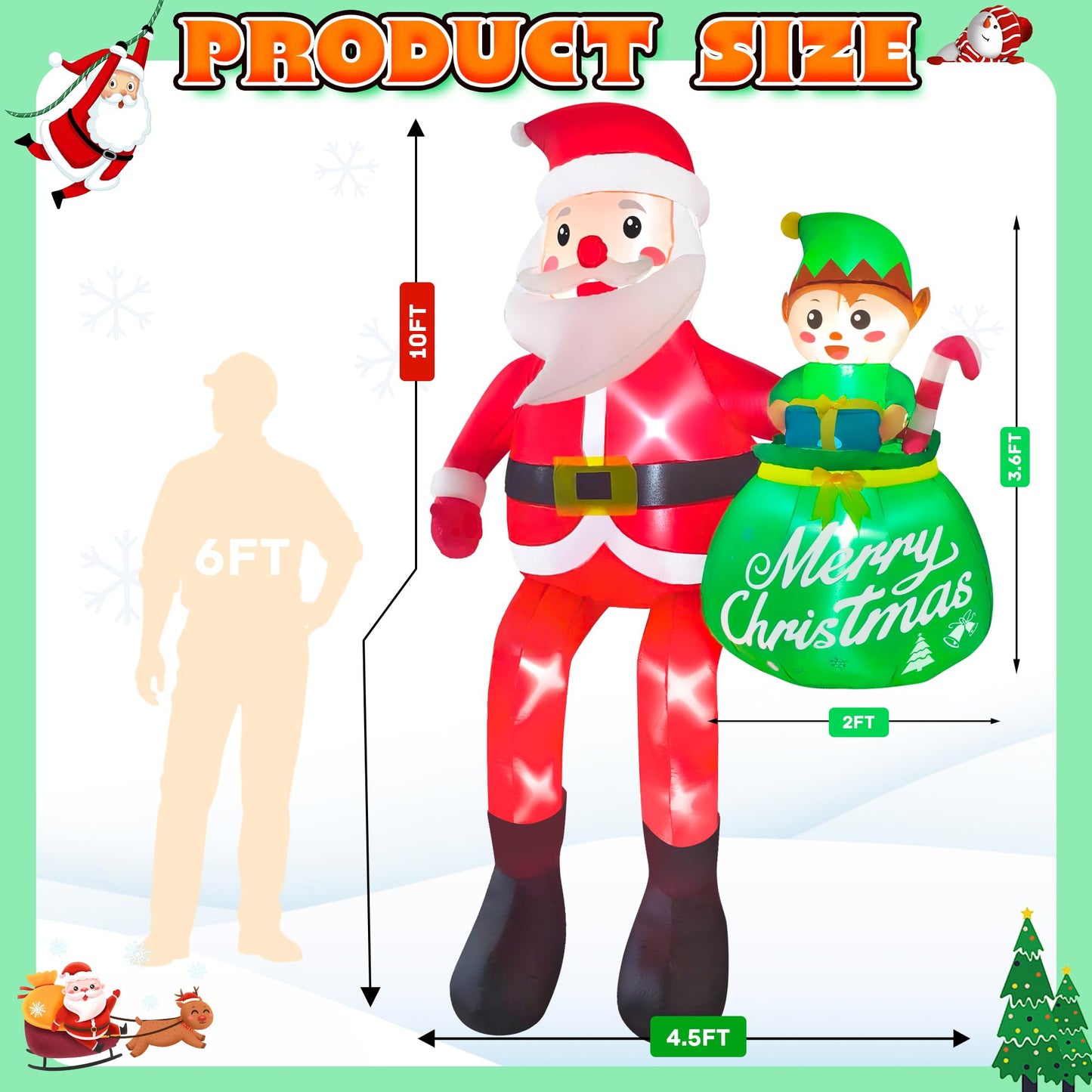 CORALMEE 10FT Christmas Inflatable Santa Claus Outdoor Decorations, Climbing Santa Inflatable Yard Decor with Elf & Built-in LEDs, Giant Christmas Blow up Decorations for Roof Balcony Plaza Street