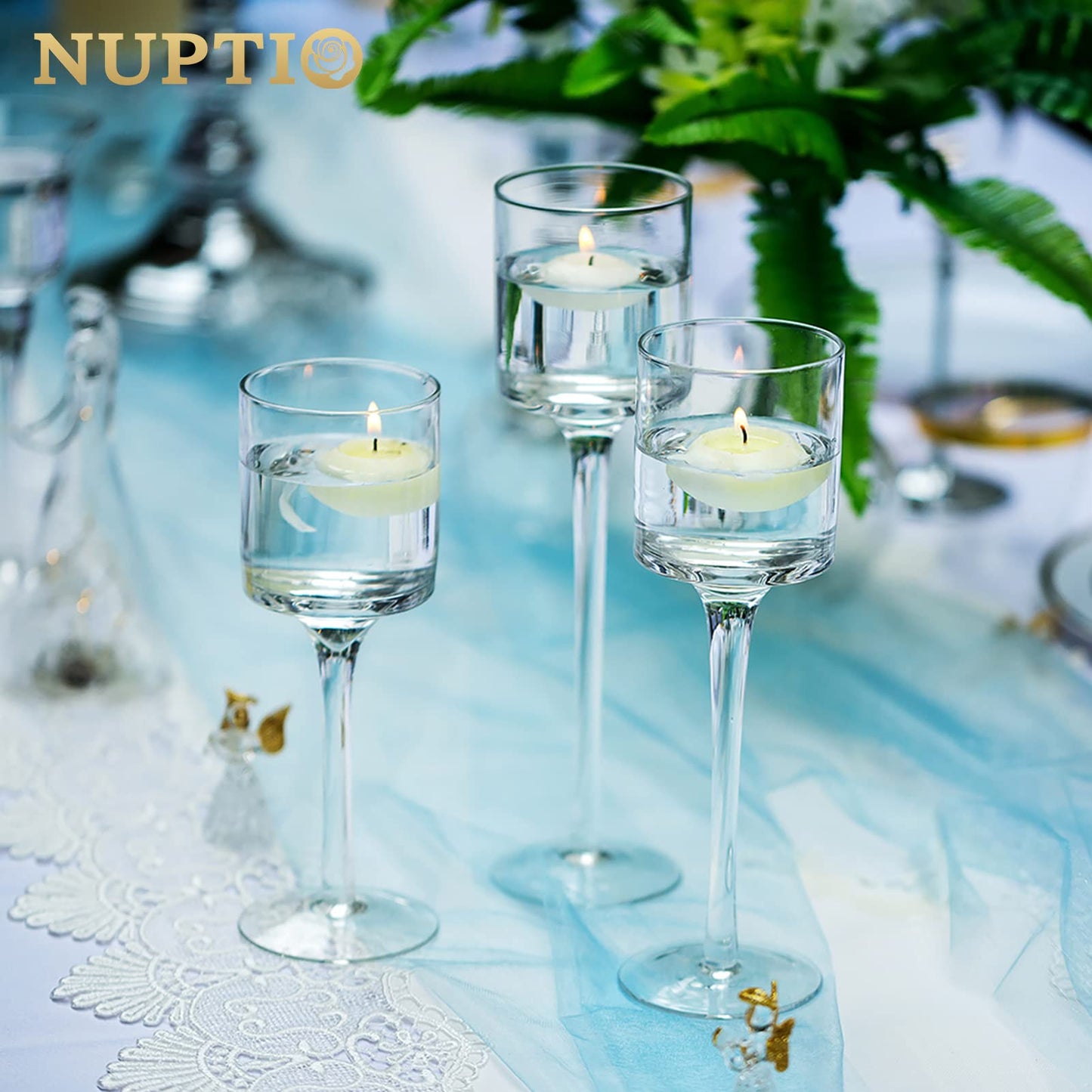 NUPTIO Glass Tealight Candle Holders: Set of 6 Tall Candle Stands for Dinner Table Centerpiece - Stemmed Candleholders for Pillar Floating Candles
