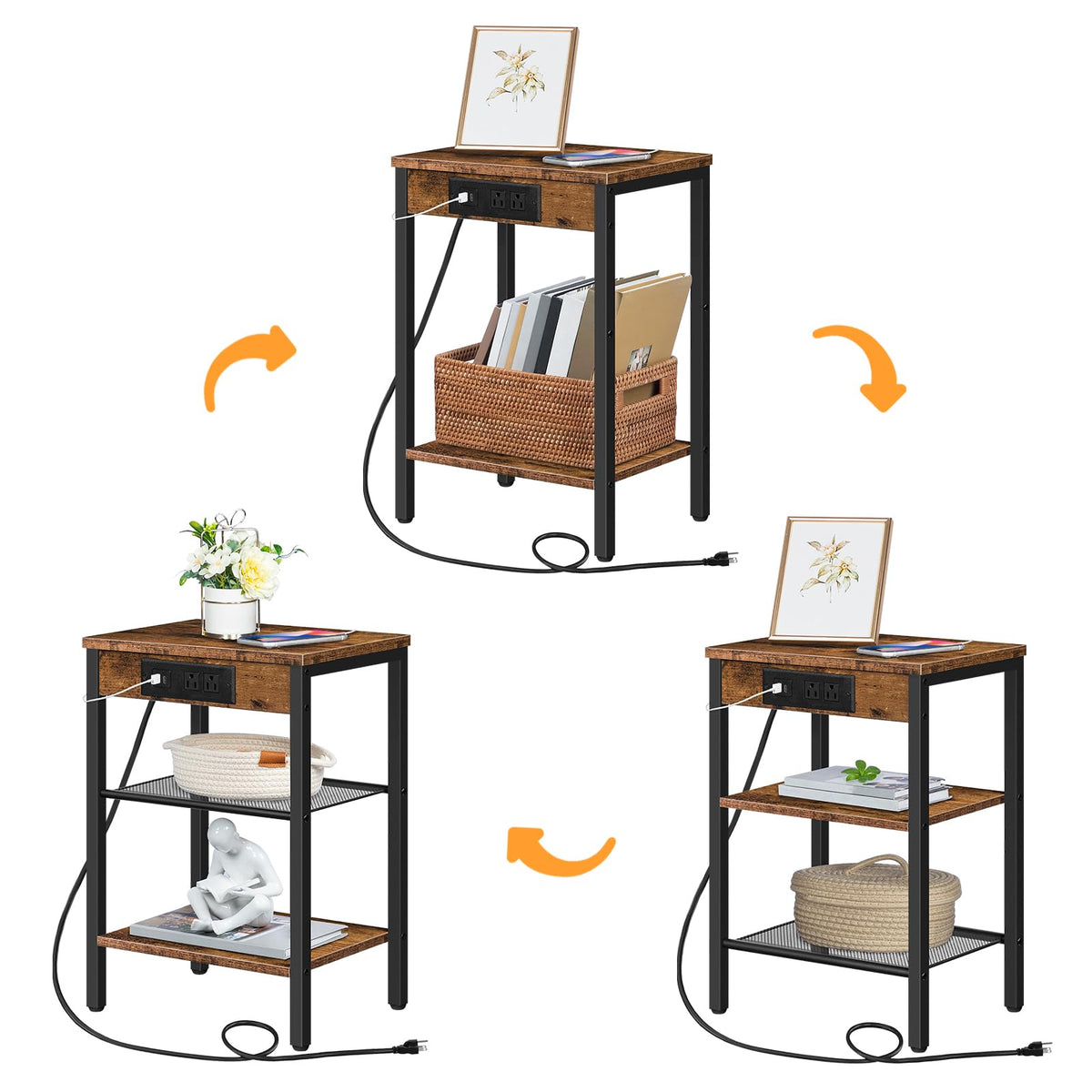 HOOBRO Side Table with Charging Station and USB Port, Small End Table for Small Space, 3-Tier Nightstand with Adjustable Shelf, for Living Room, Bedroom, Rustic Brown BF112BZ01