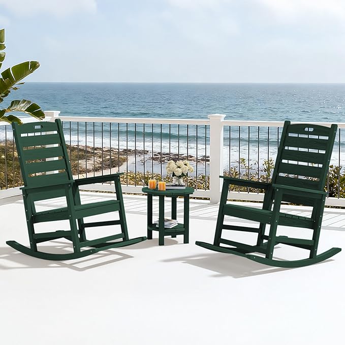 SERWALL Outdoor Rocking Chair, Oversized Rocking Chair with Footrest for Adults, HDPE All Weather Resistant Rocking Chairs for Patio, 350lbs Weight Capacity, Green